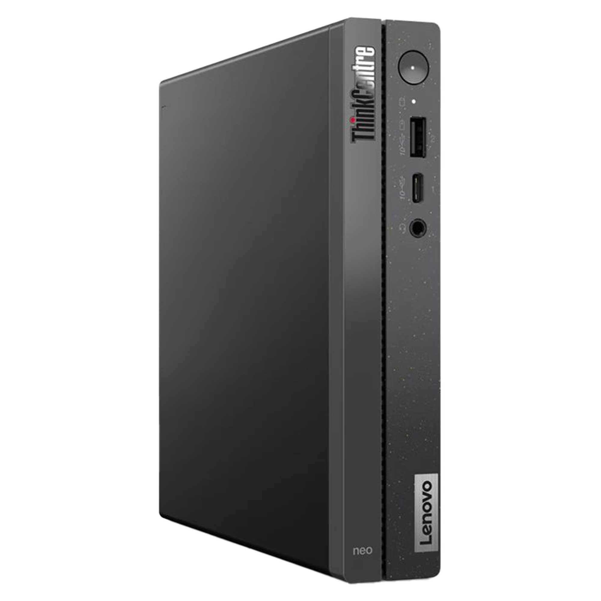 Siyah bir Lenovo ThinkCentre neo masaüstü bilgisayar. ThinkCentre logosu görünür. USB bağlantı noktaları ve bir güç düğmesi vardır.