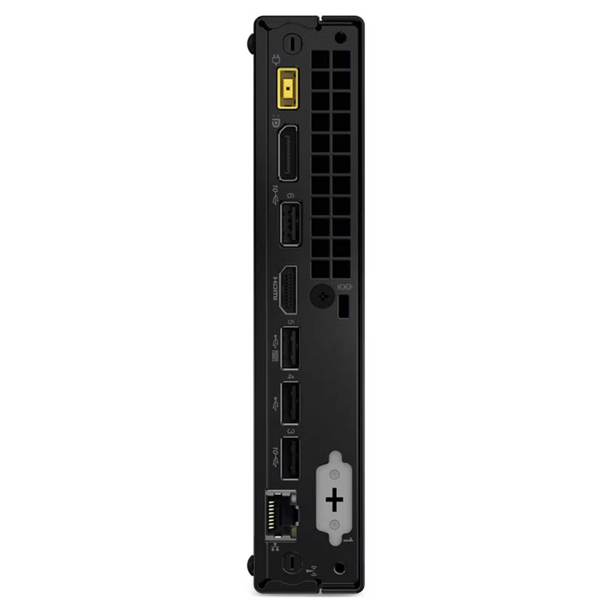 Siyah Lenovo masaüstü bilgisayar. USB, HDMI ve Ethernet dahil olmak üzere çeşitli bağlantı noktalarına sahiptir. Lenovo logosu görünür.