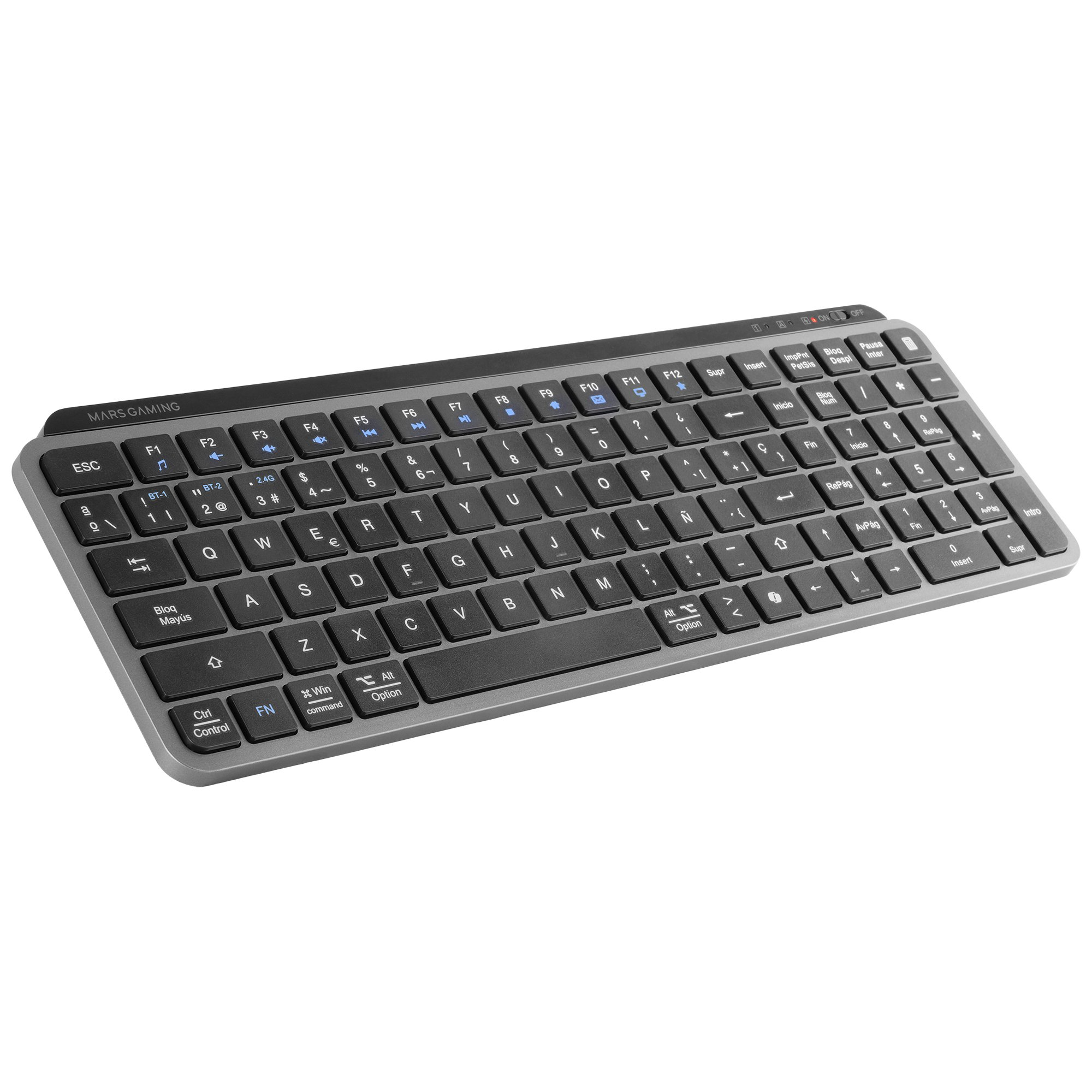 Un teclado Mars Gaming gris y negro con varias teclas y botones de función, aislado sobre fondo blanco.