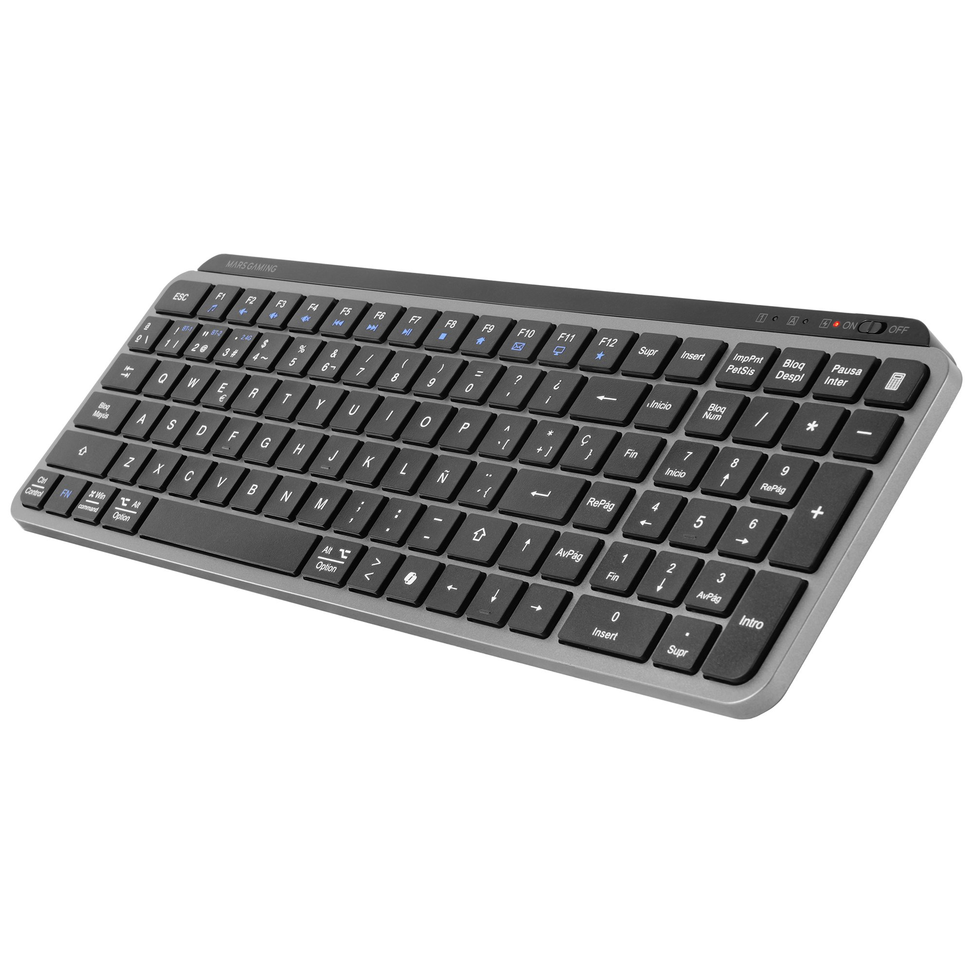 Un teclado gris y negro con letras blancas. Incluye teclas de función y un teclado numérico. La marca es Mars Gaming.