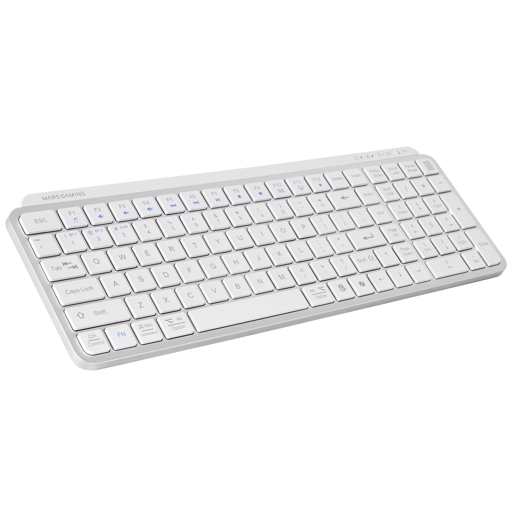 Tastiera wireless bianca e argento. Ha tasti bianchi, tasti funzione e un logo Mars Gaming.
