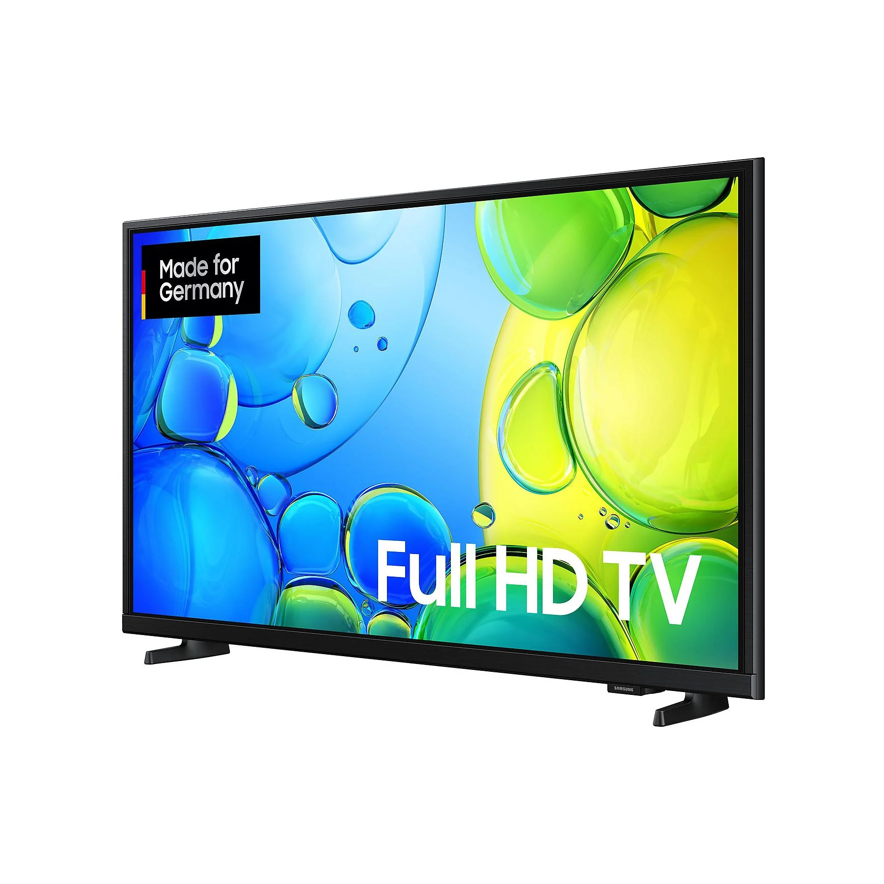 Telewizor Samsung Full HD wyświetla kolorowy abstrakcyjny obraz. Tekst mówi „Made for Germany”. Telewizor jest czarny i na białym tle.
