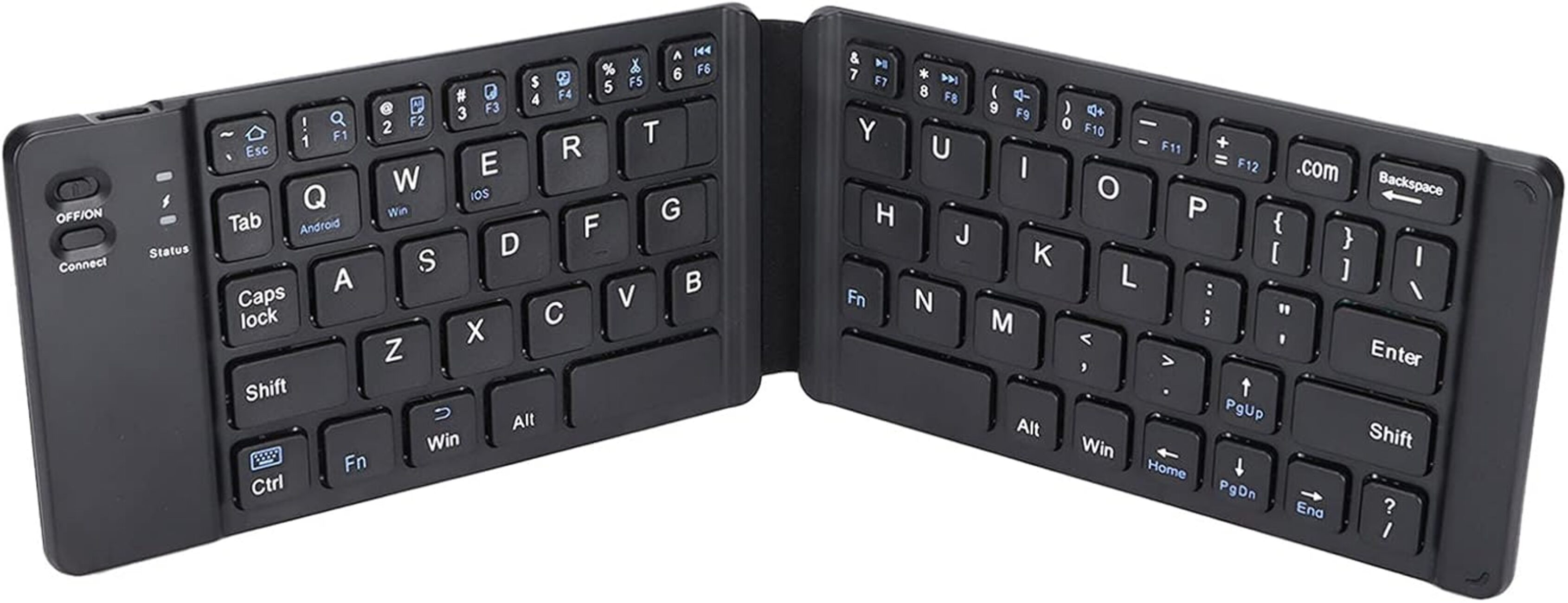 Un teclado Bluetooth negro y plegable está abierto. Tiene varias teclas con letras, números y símbolos.