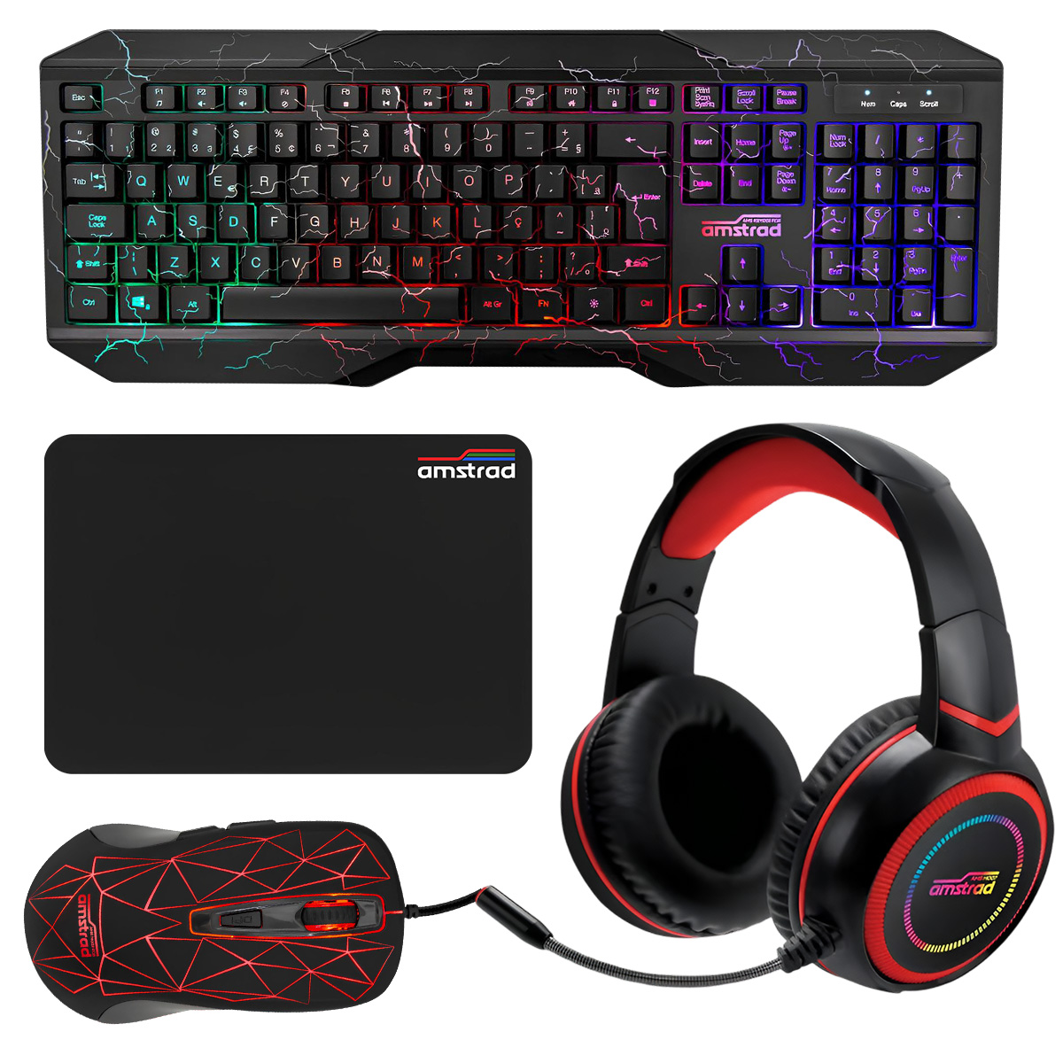 Un equipo de juego: teclado, ratón, alfombrilla y auriculares. Todo es negro y rojo, con la marca Amstrad. El teclado tiene RGB.
