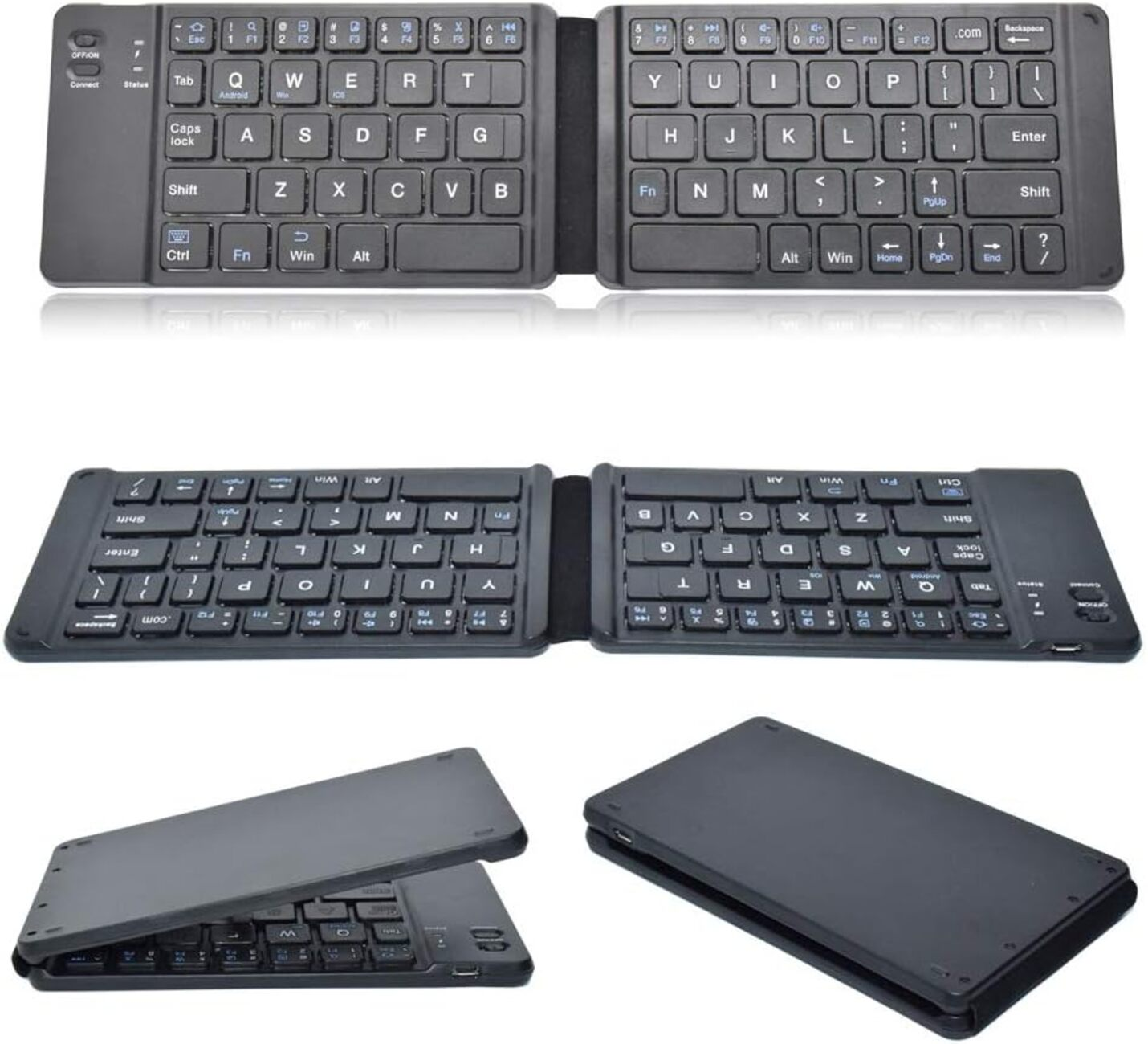 Teclado plegable negro, abierto y cerrado. Se ven las teclas con letras y números. El fondo es blanco.