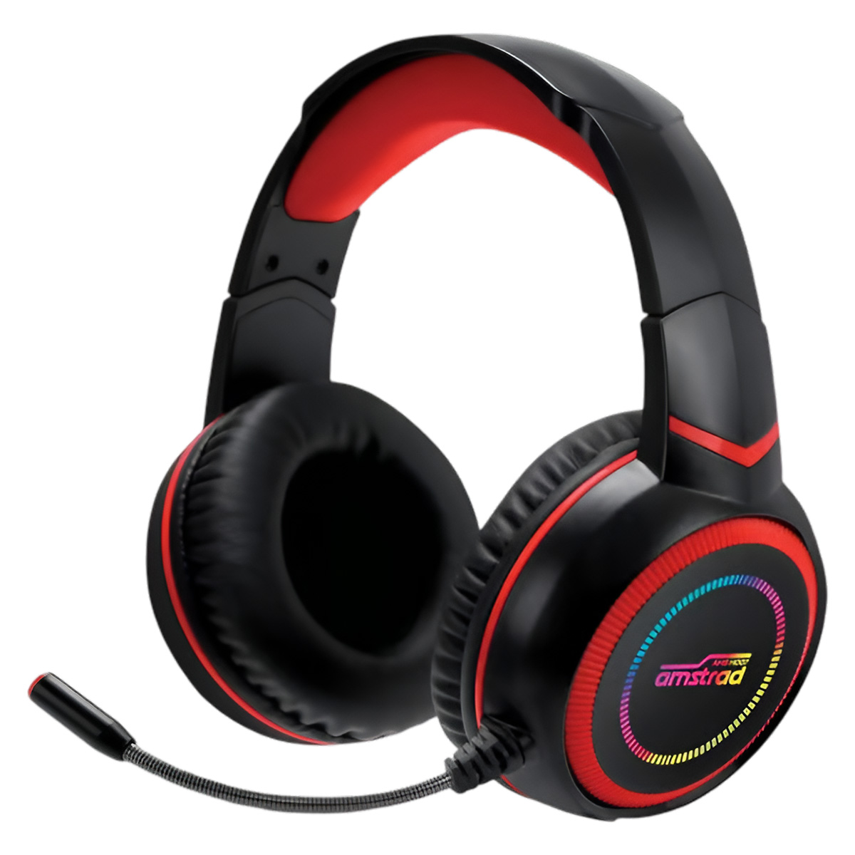 Auriculares gaming Amstrad negros y rojos con micrófono. Los auriculares tienen un borde rojo y la diadema es roja por dentro.