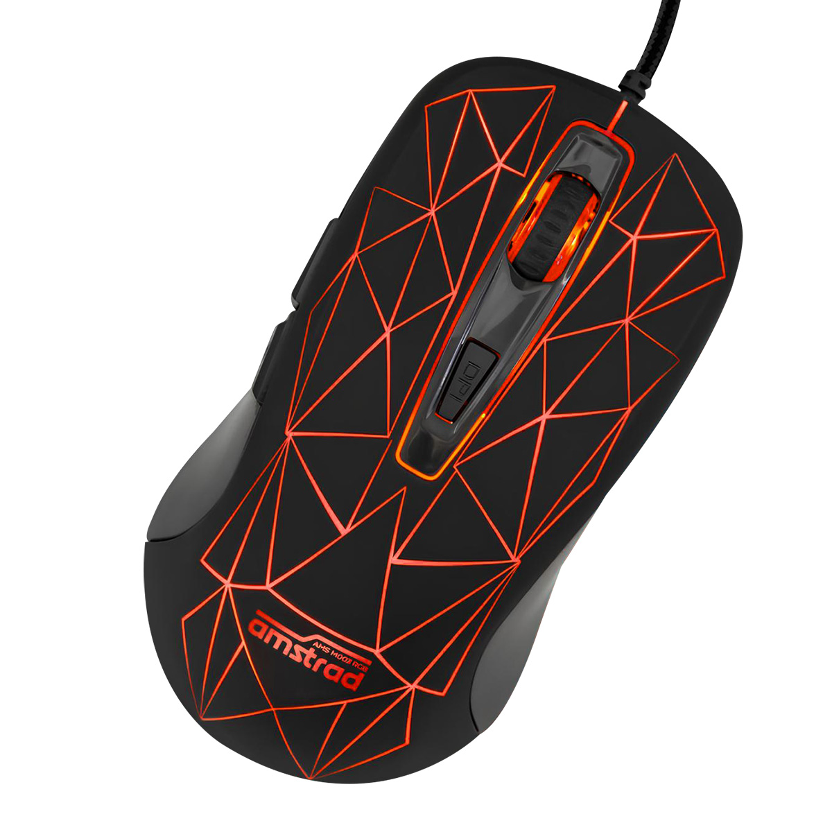 Un ratón gaming Amstrad negro con patrones geométricos rojos y un botón DPI. Un cable se extiende desde arriba.