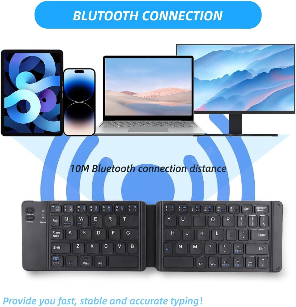 Un teclado plegable con dispositivos conectados: tableta, teléfono, portátil y monitor. El texto dice 'Conexión Bluetooth' y '10M Bluetooth'.
