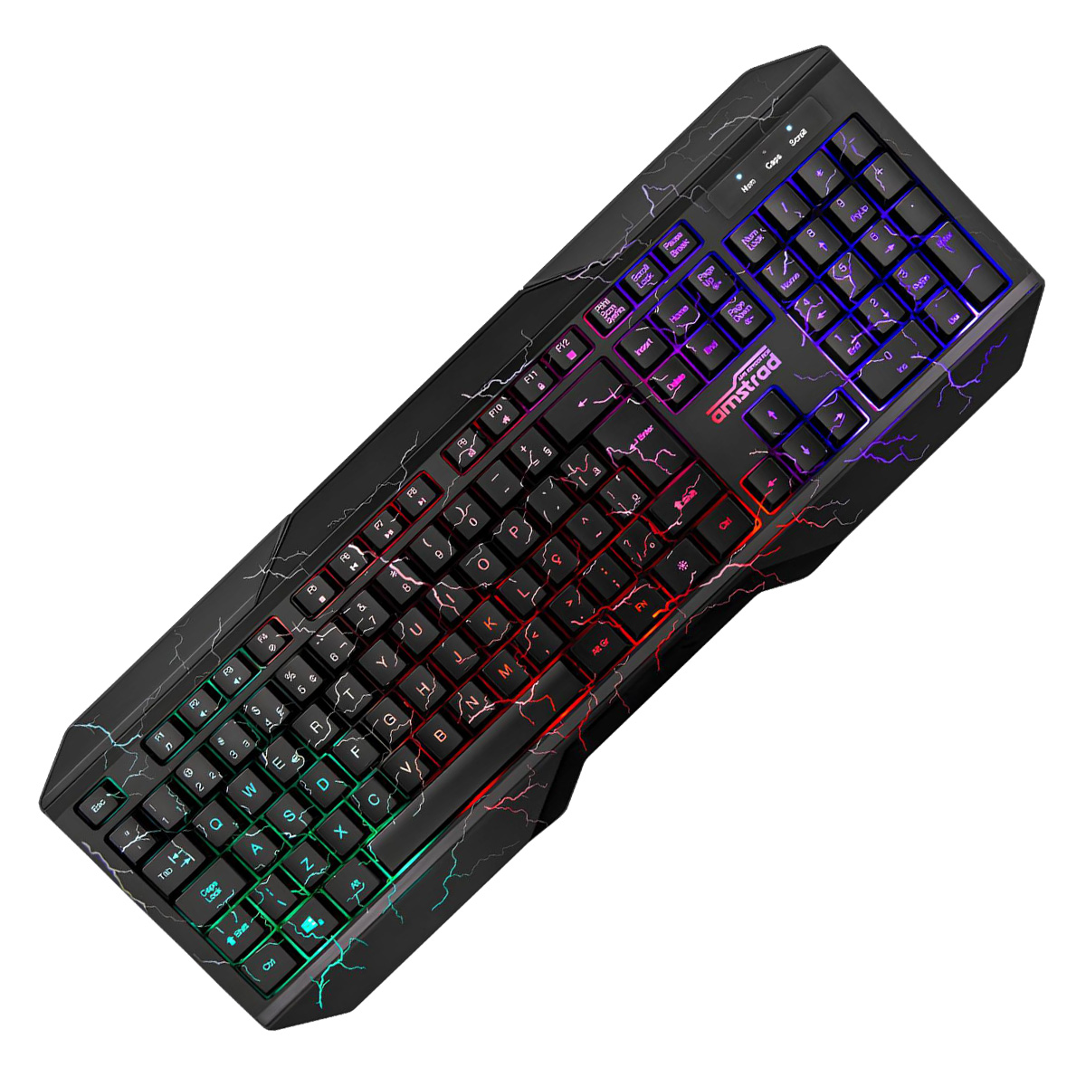 Teclado Amstrad negro con teclas iluminadas de colores, diseño de relámpagos. Letras y números visibles. Fondo blanco.