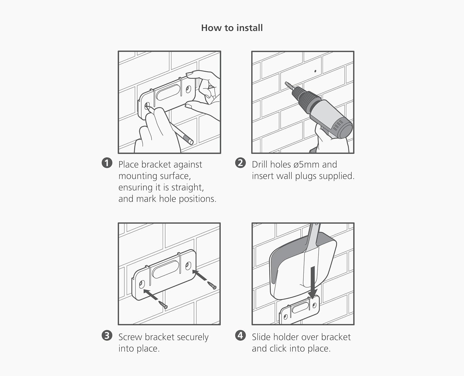 Instrucciones: Colocar soporte, taladrar agujeros, atornillar soporte y deslizar el soporte. Todos los pasos se muestran con ilustraciones.