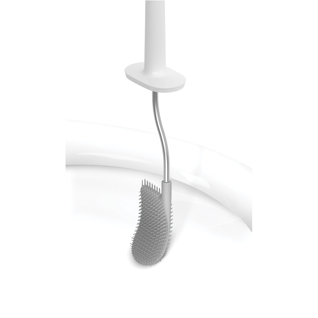 Un cepillo de inodoro blanco con un cabezal gris. El mango es blanco y el cabezal está en una taza de inodoro.