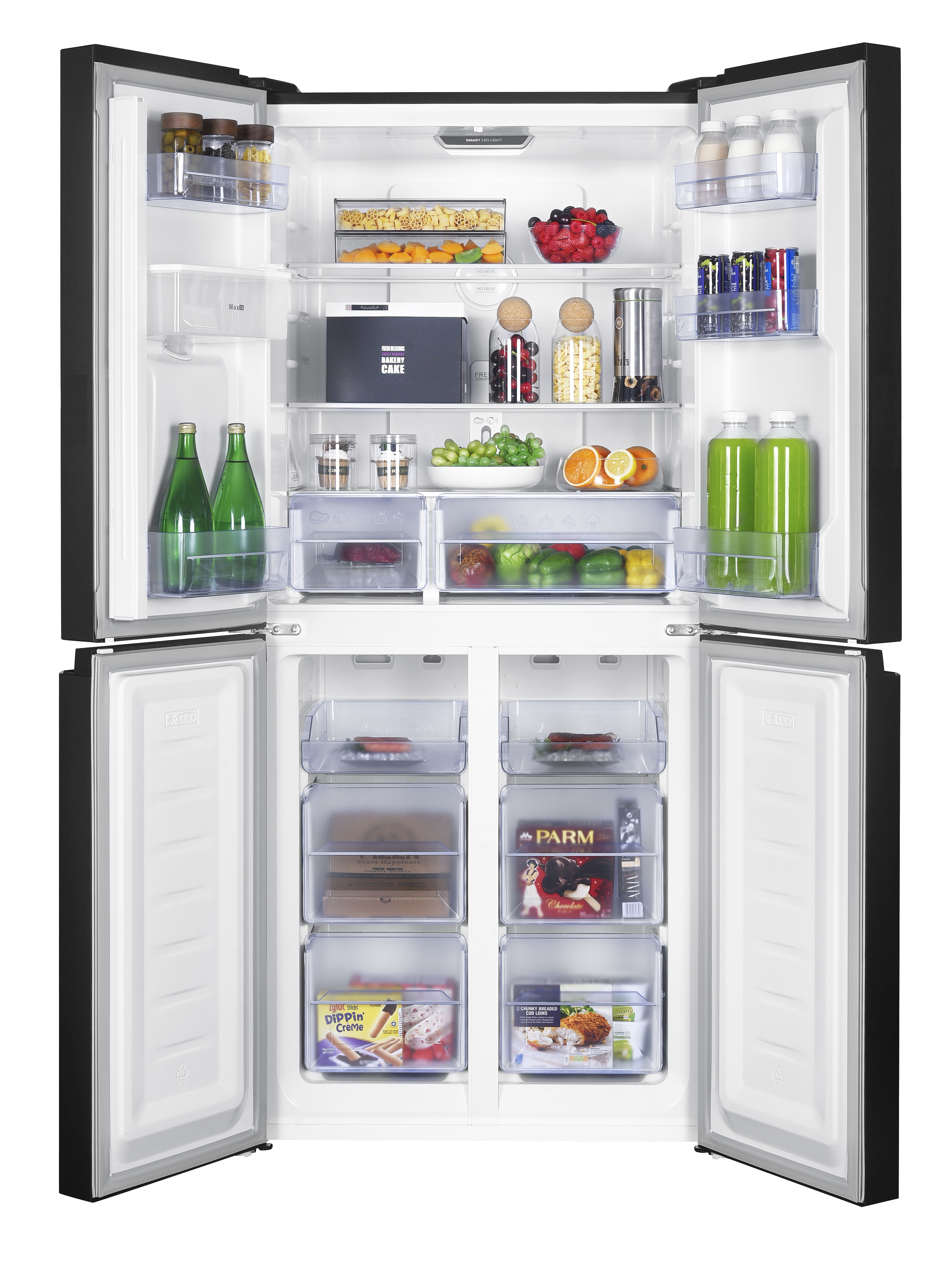 A full refrigerator with various food items including fruits, vegetables, drinks, and packaged goods, all neatly arranged.