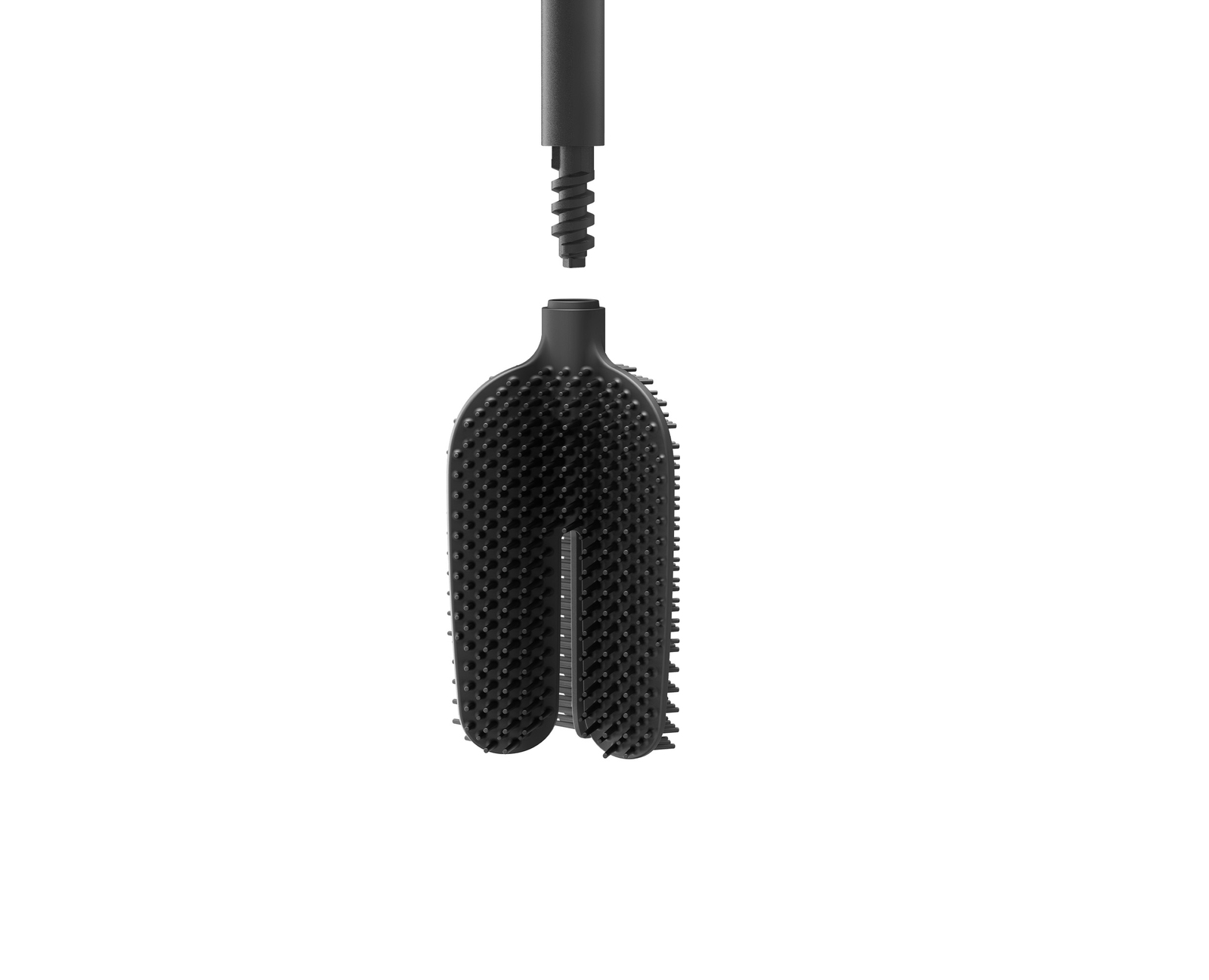 Un cepillo negro en forma de U con cerdas que sobresalen, separado de un mango negro en espiral. Fondo blanco.