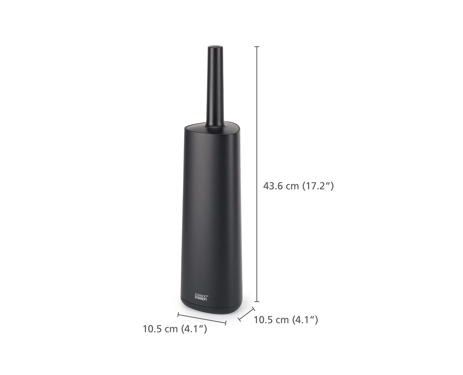 Un cepillo y soporte para inodoro negro sobre fondo blanco. Dimensiones: 43,6 cm (17,2") de alto y 10,5 cm (4,1") de ancho.