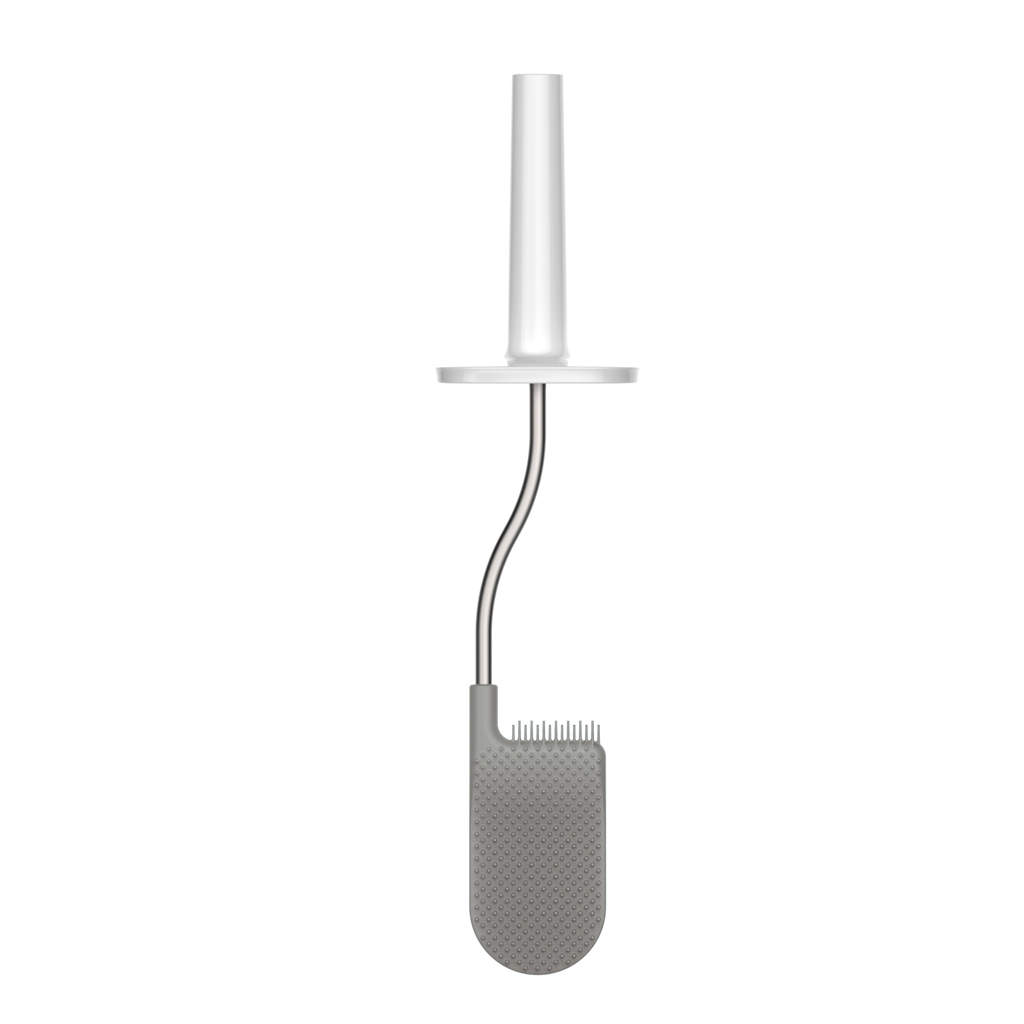 Un cepillo de limpieza blanco y gris. Tiene un mango largo, una base circular, un tallo de metal curvado y un cabezal de limpieza gris texturizado.