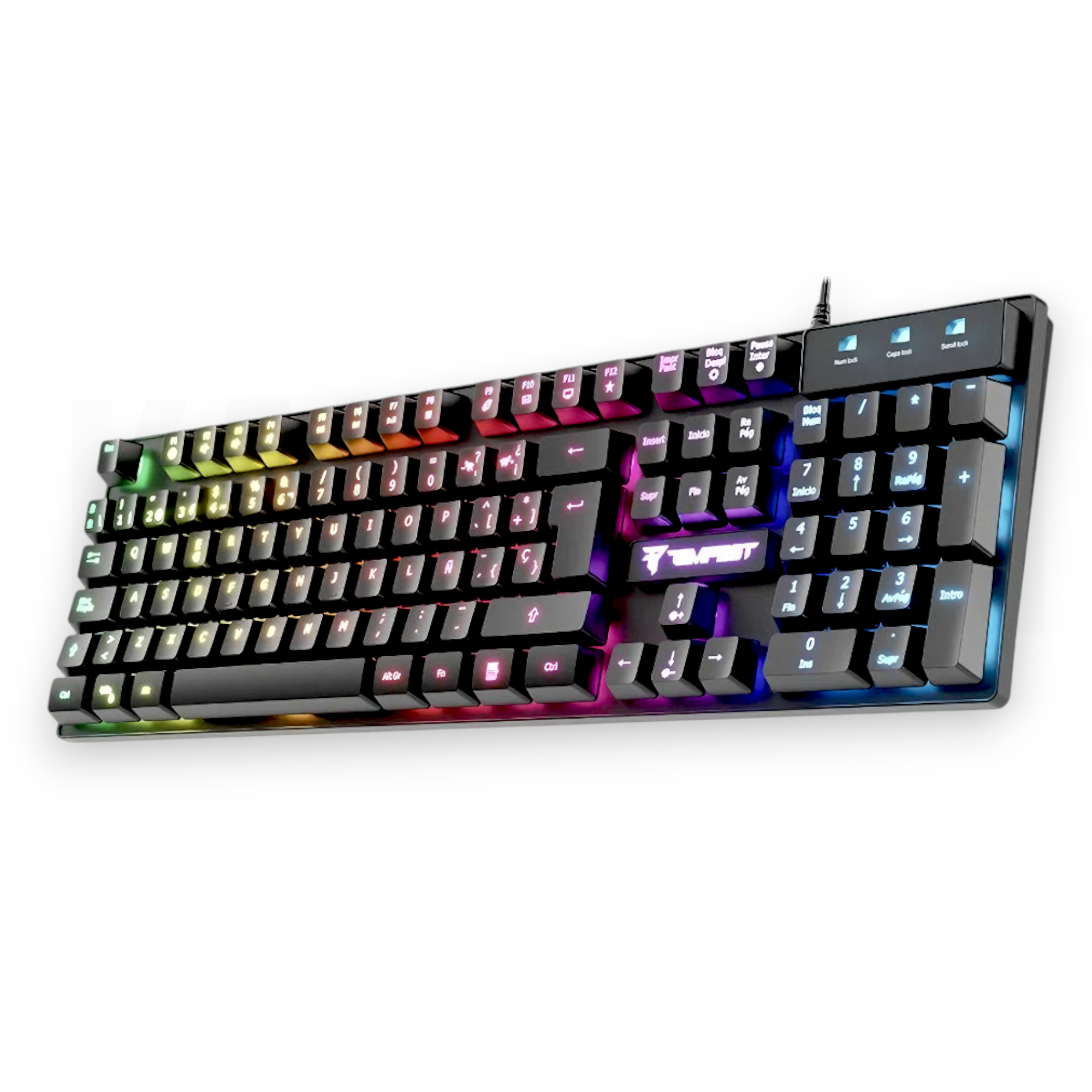 Un teclado negro con iluminación RGB. Las teclas están etiquetadas con letras, números y símbolos. La marca es Tempest.