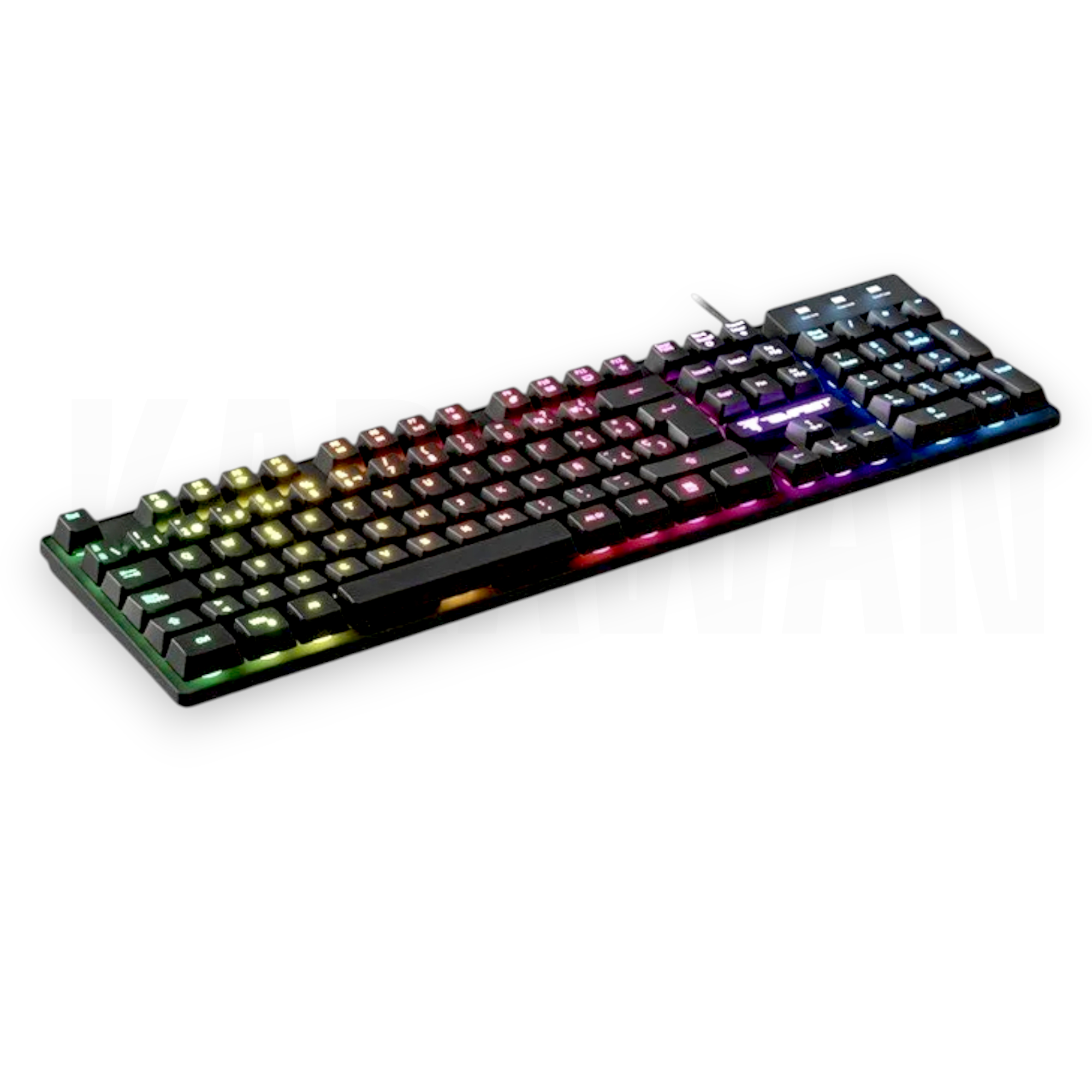 Un teclado mecánico negro con teclas de arcoíris sobre un fondo blanco. El cable está conectado.