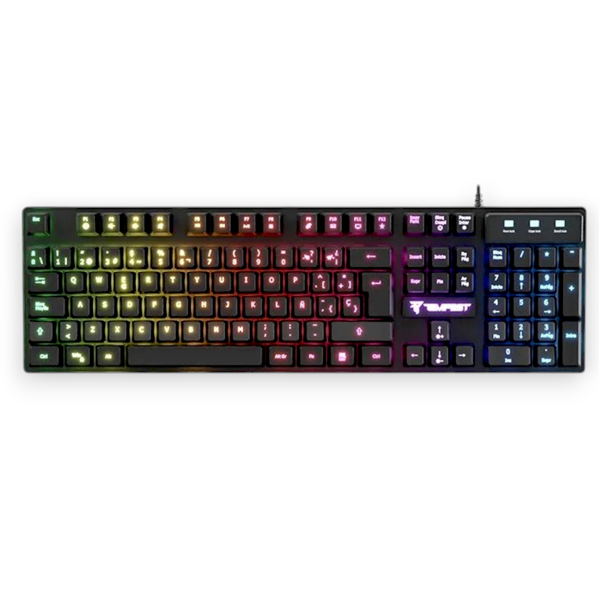 Un teclado negro con iluminación RGB. Las teclas se iluminan en varios colores. Tiene un teclado numérico y el logo de Tempest.