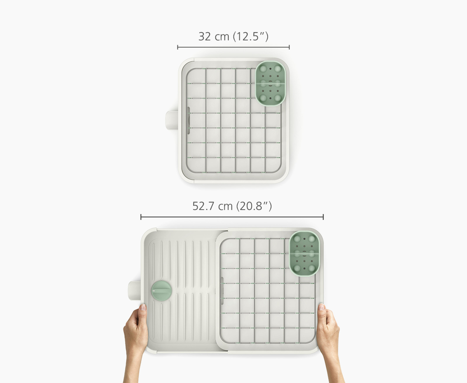 Vista superior de un escurreplatos con dimensiones. Manos sosteniendo el escurreplatos abierto. El escurreplatos es blanco y verde.