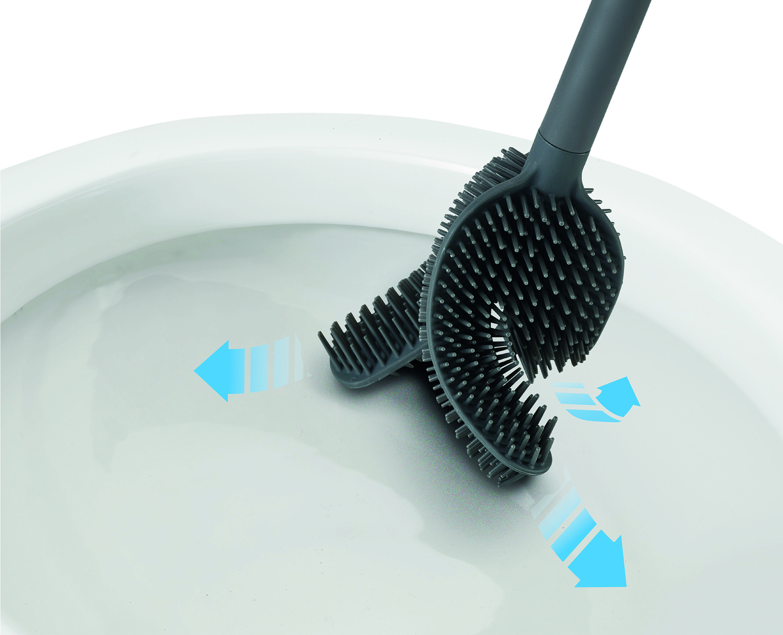Un cepillo de inodoro gris limpia un inodoro blanco. Flechas azules indican la dirección de limpieza. El cepillo está en el inodoro.
