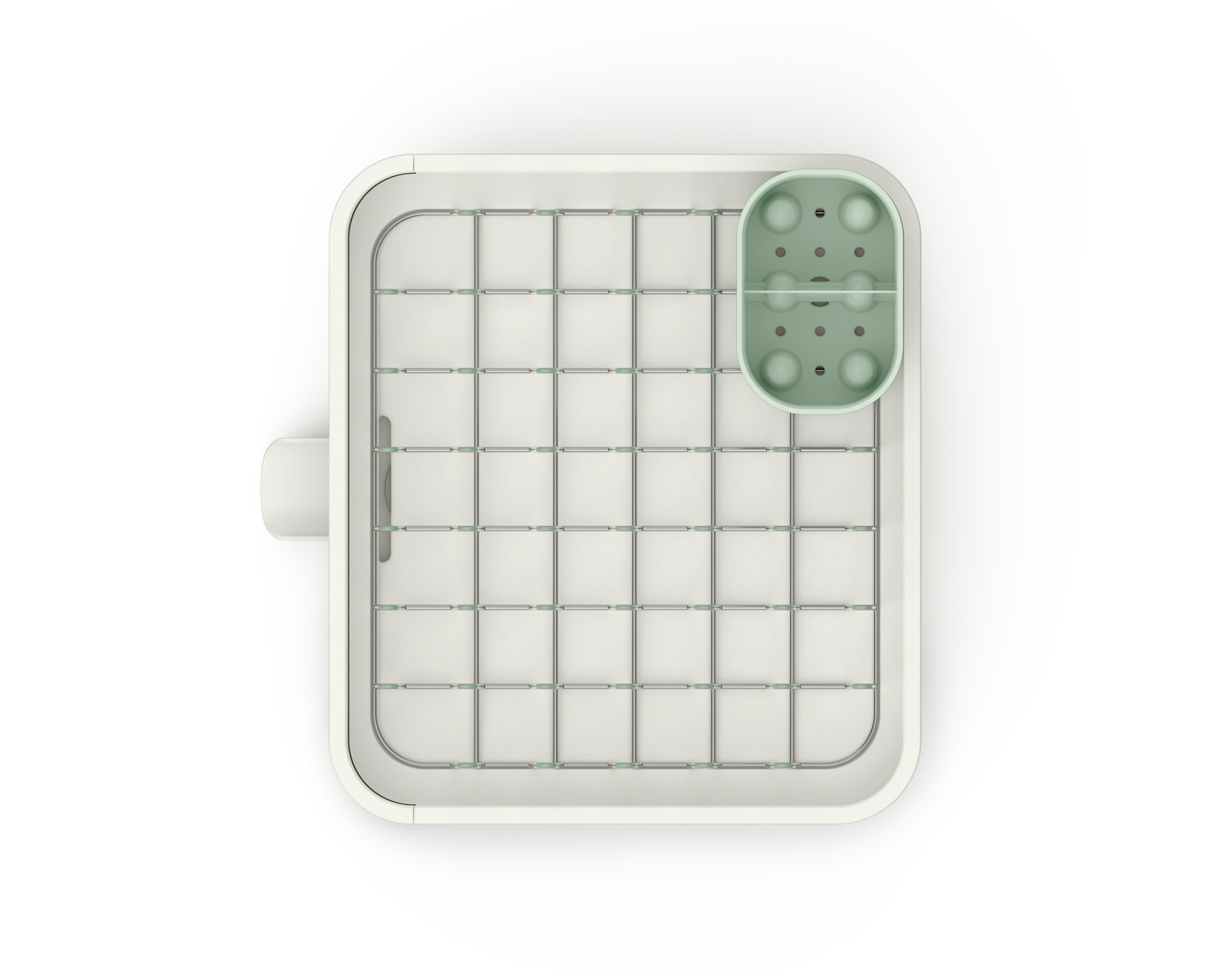 Vista superior de un dispositivo blanco y verde. Tiene una estructura de rejilla con un recipiente verde en el lateral y un asa.