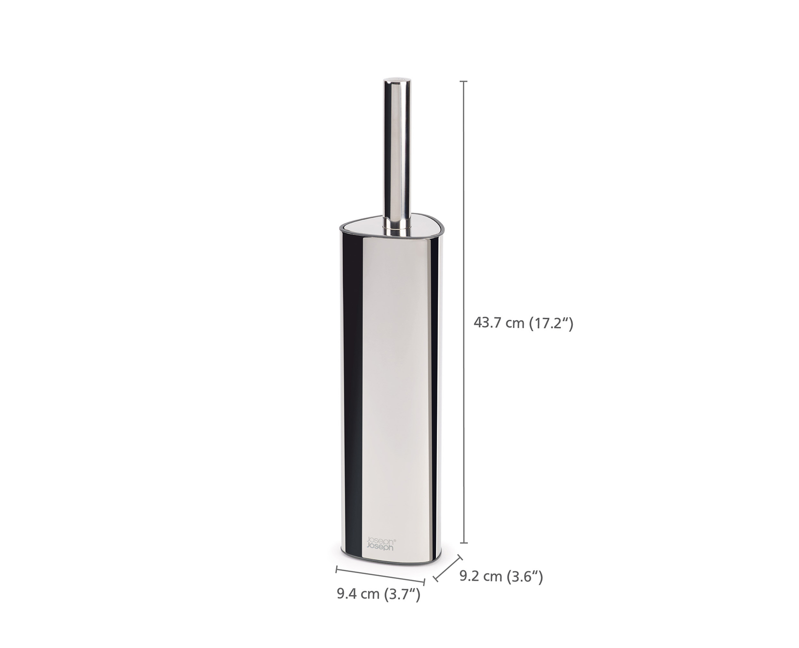 Un cepillo de inodoro cromado con medidas etiquetadas. El cepillo es rectangular con la parte superior redondeada y un mango largo.