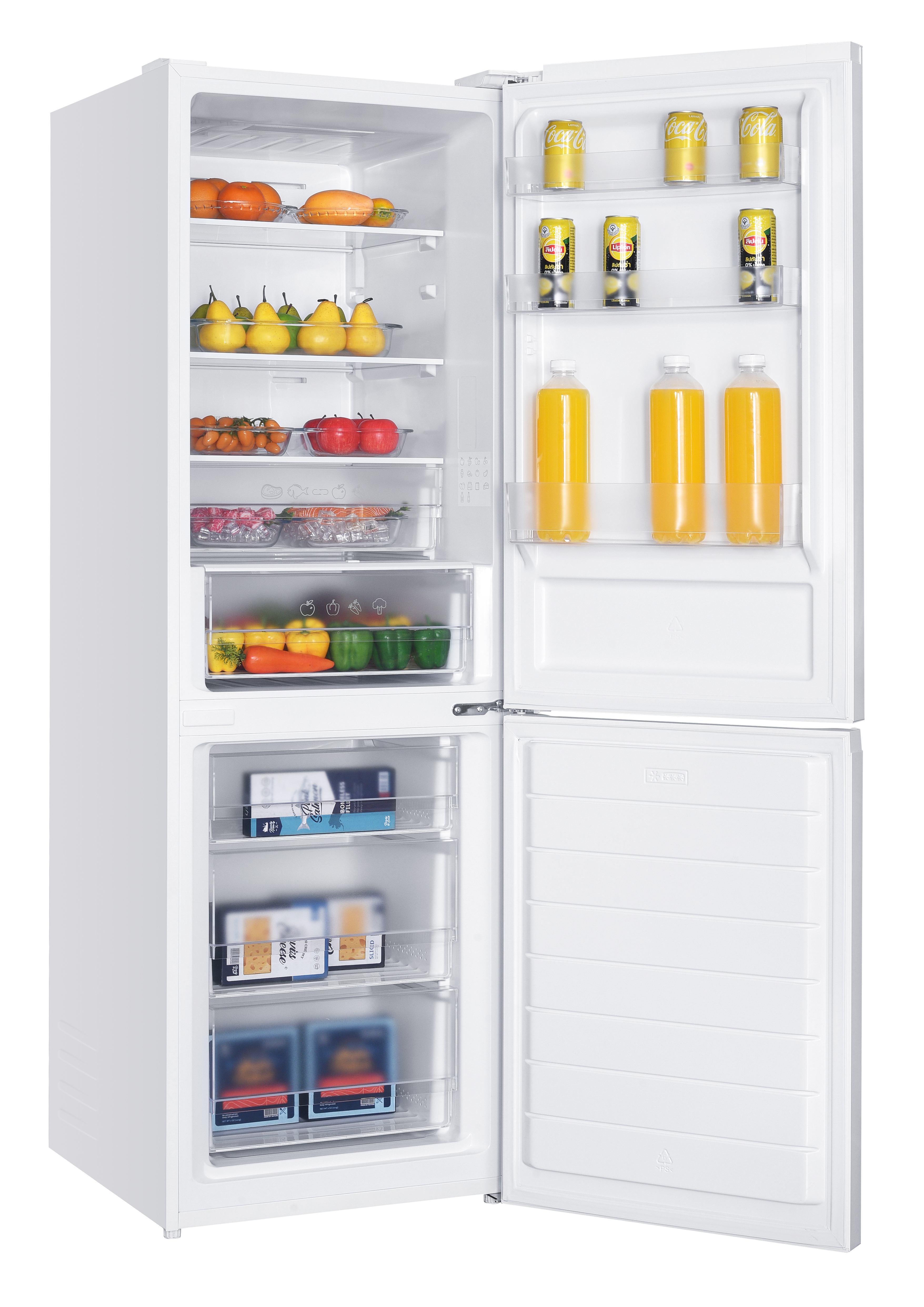 Een witte koelkast met open deur, gevuld met fruit, groenten, drankjes en diepvriesproducten.