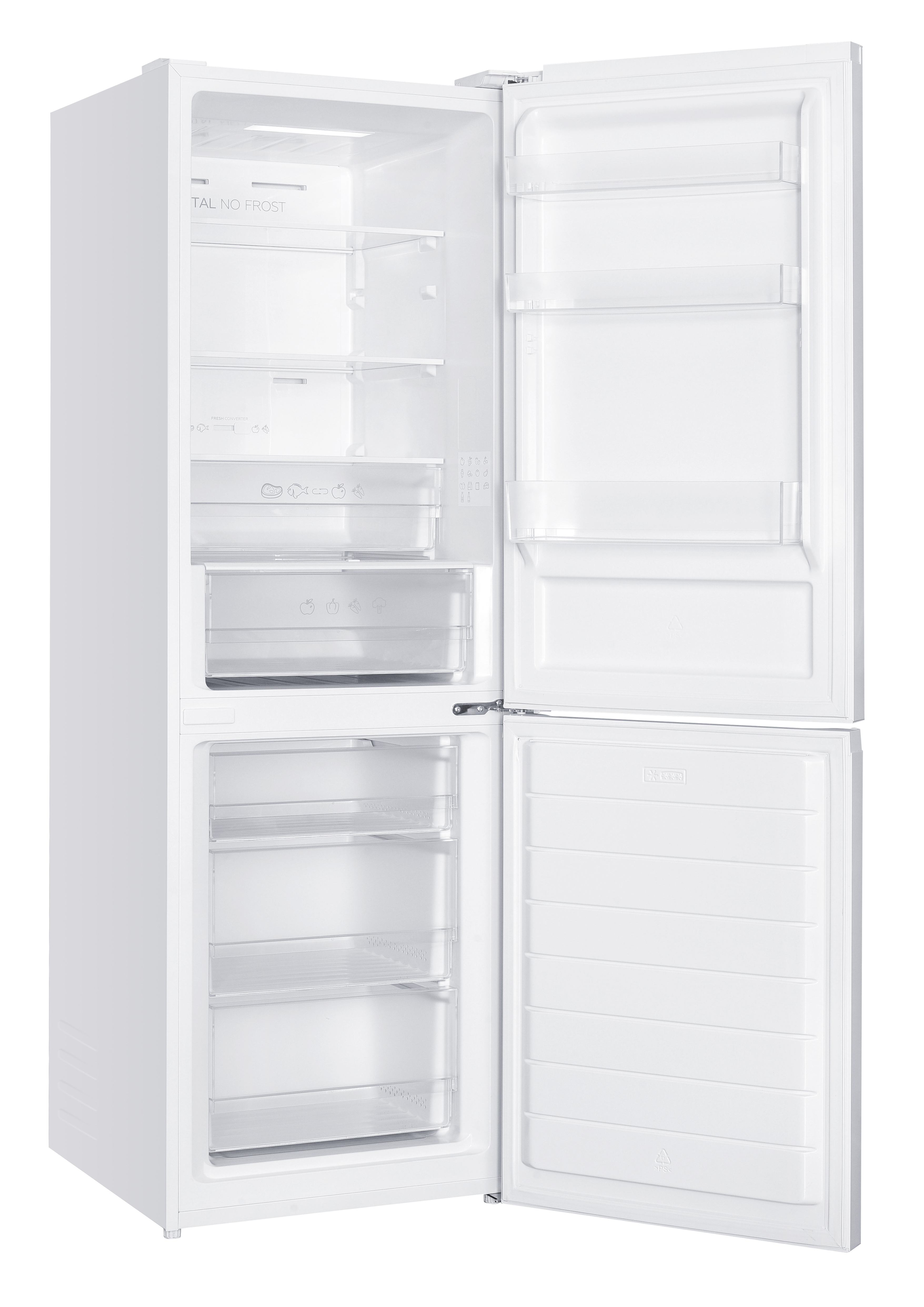 Een witte koelkast met beide deuren open. De binnenplanken en laden zijn zichtbaar, hij is leeg.
