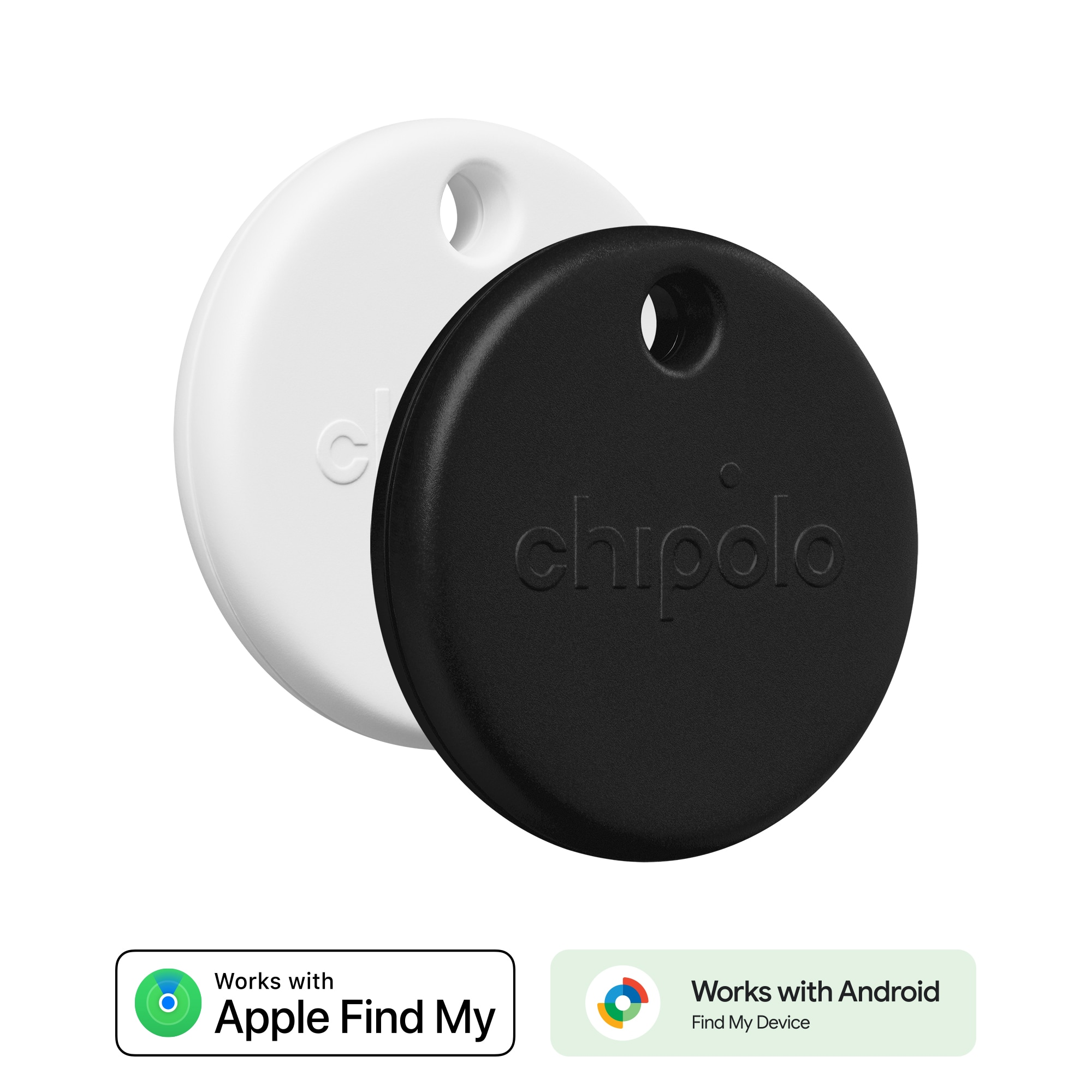 Twee Chipolo trackers: zwart en wit. Op de zwarte staat 'chipolo'. Logo's geven compatibiliteit met Apple en Android aan.