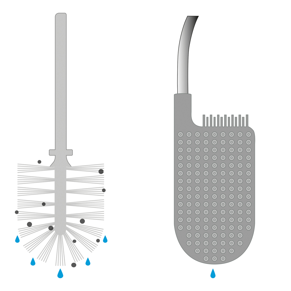 Dos herramientas grises para limpiar inodoros, una con cerdas y gotas de agua, la otra con superficie texturizada y una gota.