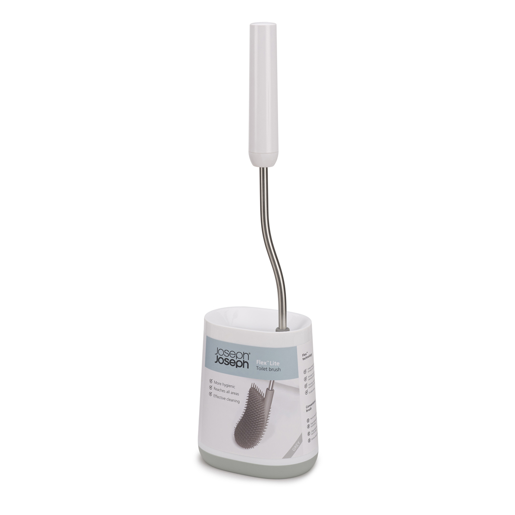 Un cepillo de inodoro Flex-Lite blanco y gris. El cepillo está en un recipiente con el logo de Joseph Joseph.