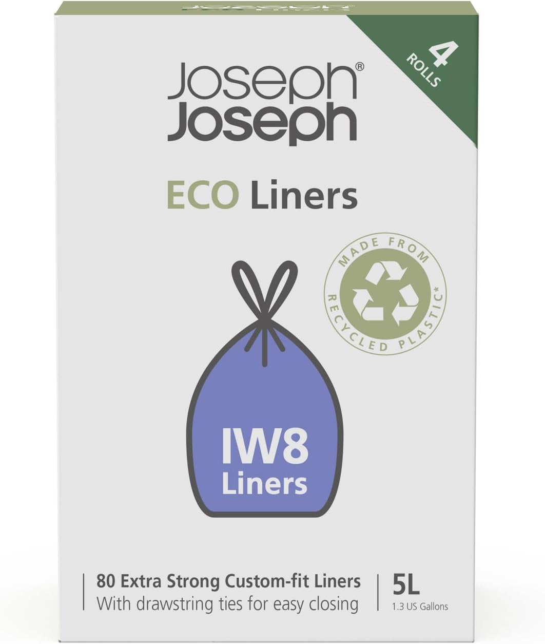 Caja de Joseph Joseph ECO Liners. Muestra un icono de bolsa azul, texto 'IW8 Liners' y detalles sobre bolsas extra fuertes y capacidad.
