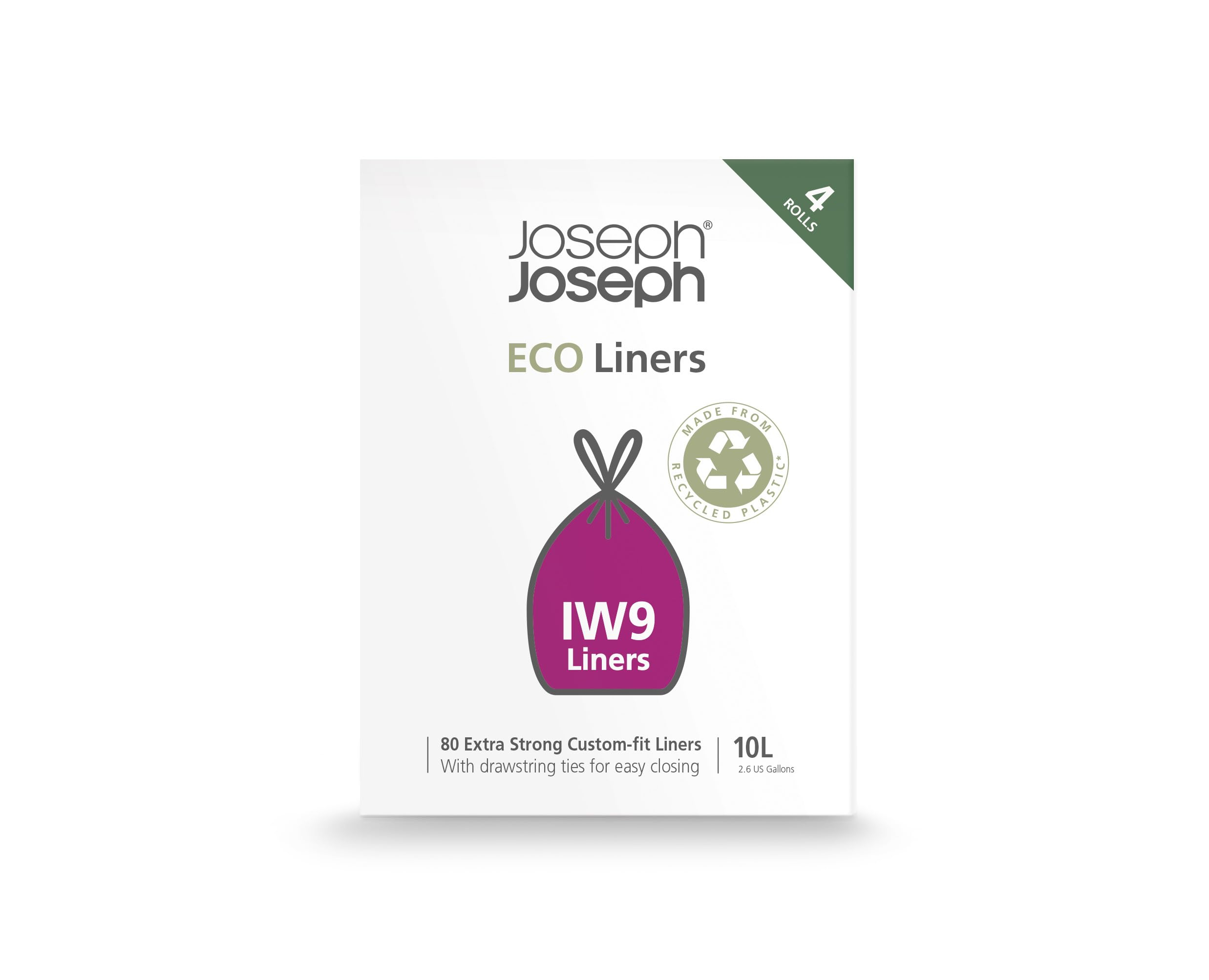 Una caja blanca con Joseph Joseph ECO Liners. Una bolsa morada con IW9 Liners en el centro. Esquina verde con 4 rollos.