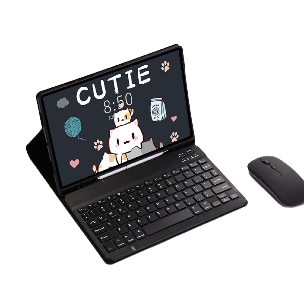 Tablet z dołączoną klawiaturą. Ekran wyświetla tło z motywem kota. Mysz jest po prawej stronie.