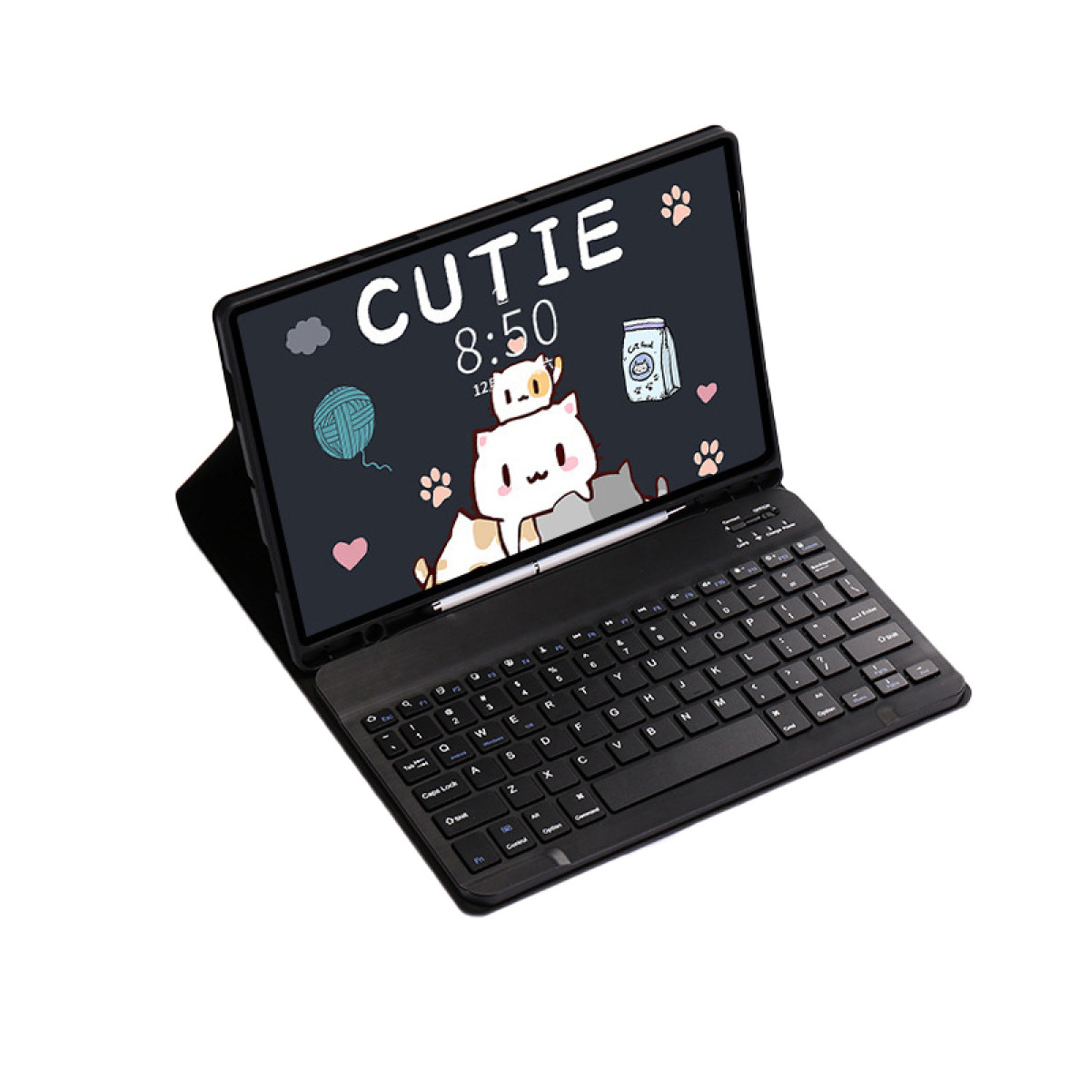 Tablet z czarną klawiaturą. Ekran pokazuje wzór kota ze słowem 'CUTIE' i godziną 8:50 na czarnym tle.