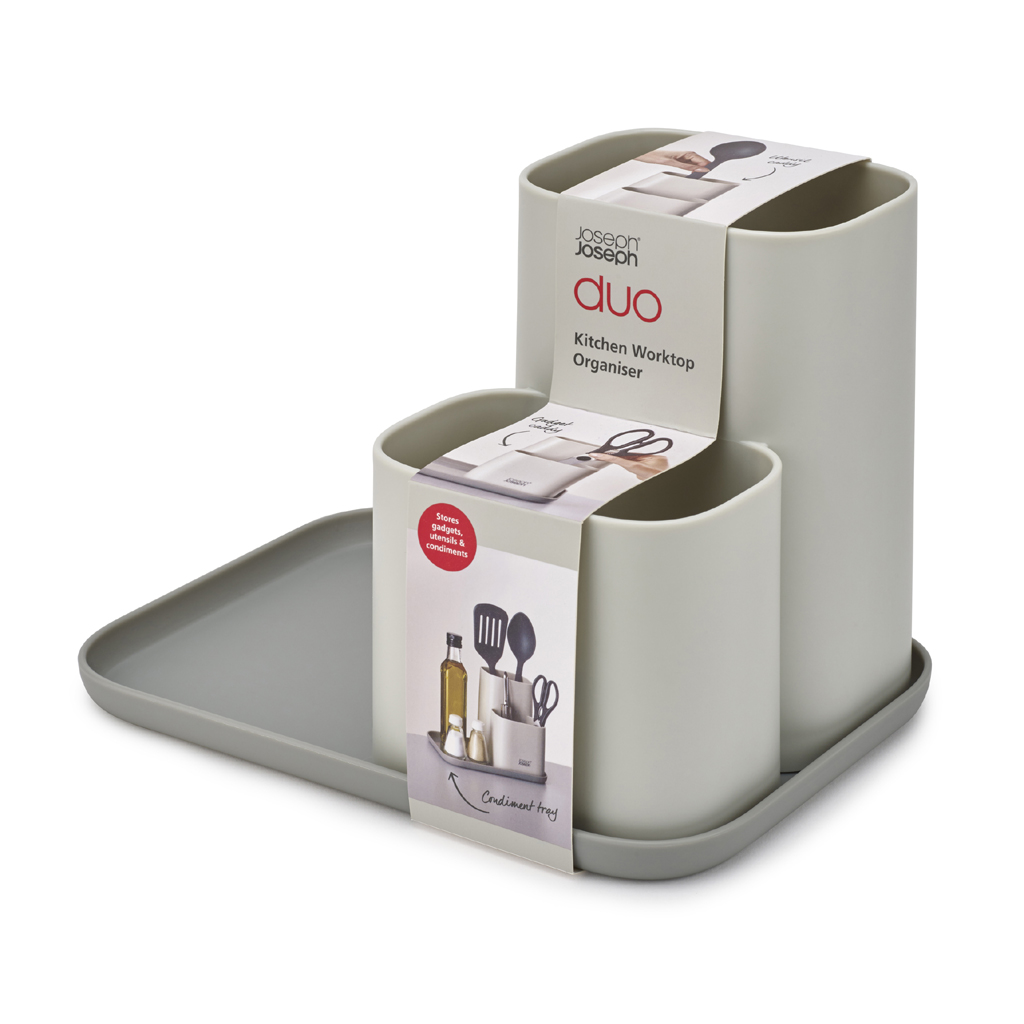 Un juego de organizadores de cocina gris con dos recipientes, una bandeja y una etiqueta que dice 'Kitchen Worktop Organiser'.