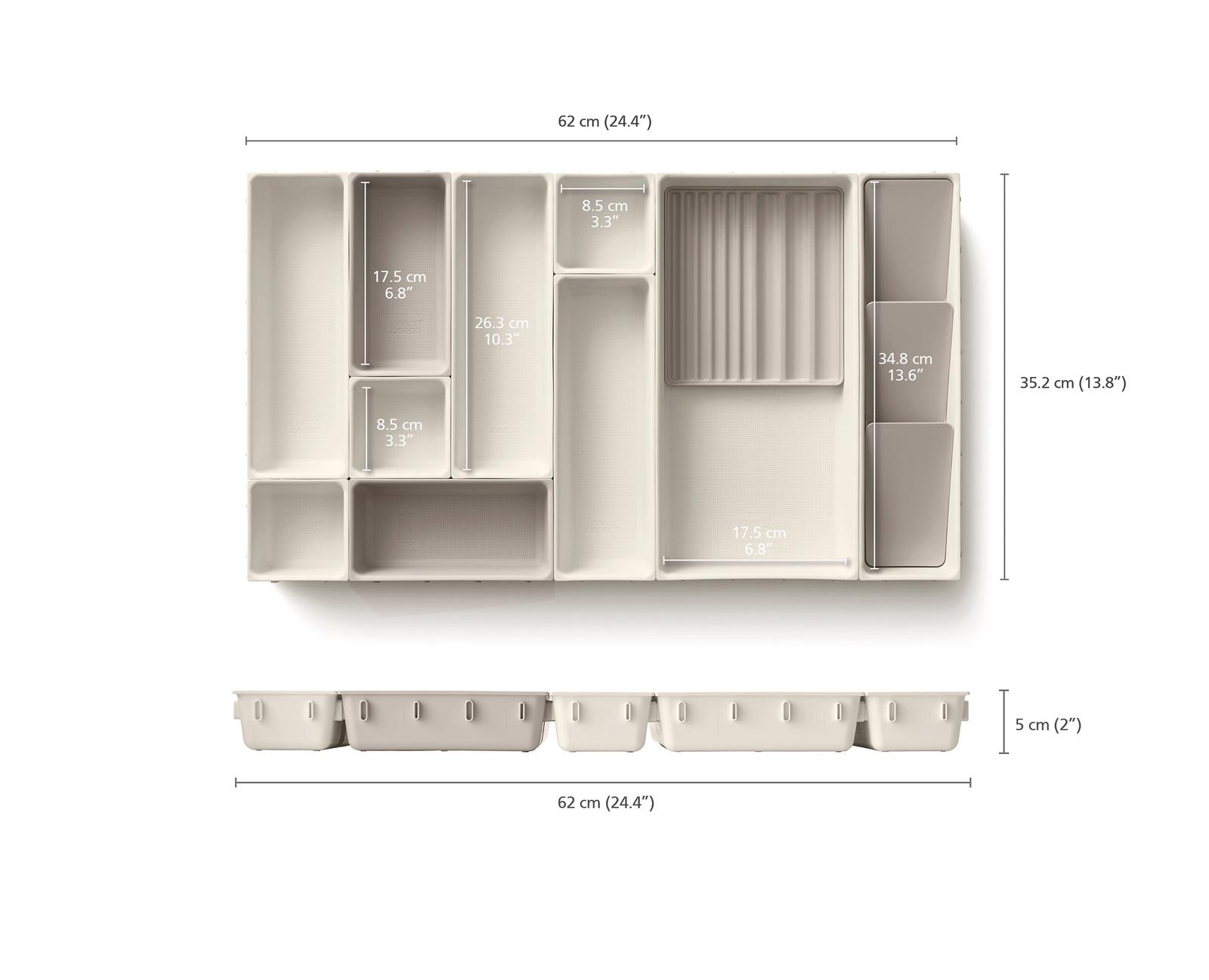 Organizador de cajones beige y gris con múltiples compartimentos y dimensiones etiquetadas en cm y pulgadas.