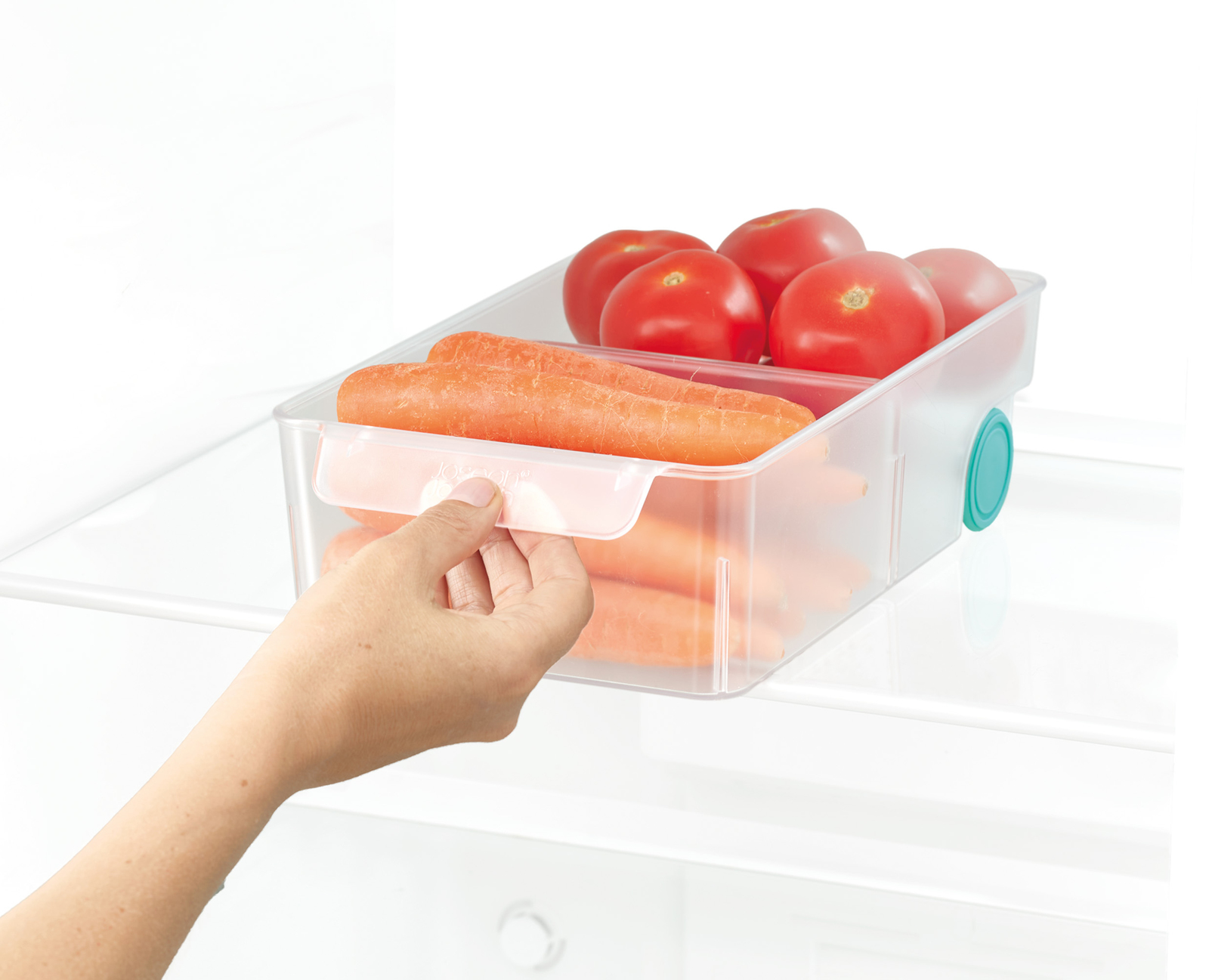 Una mano abre un recipiente de plástico lleno de zanahorias y tomates dentro de un refrigerador. El recipiente es transparente.