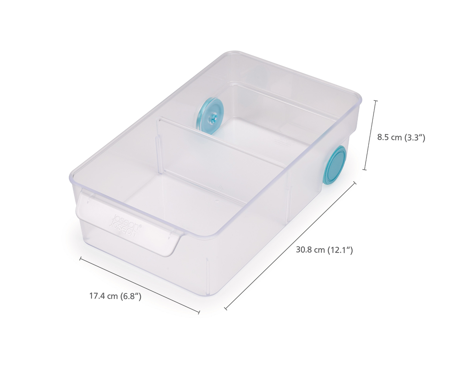 Un recipiente de almacenamiento de plástico transparente con ventosas azules. Las dimensiones están etiquetadas: 30,8 cm, 17,4 cm y 8,5 cm.