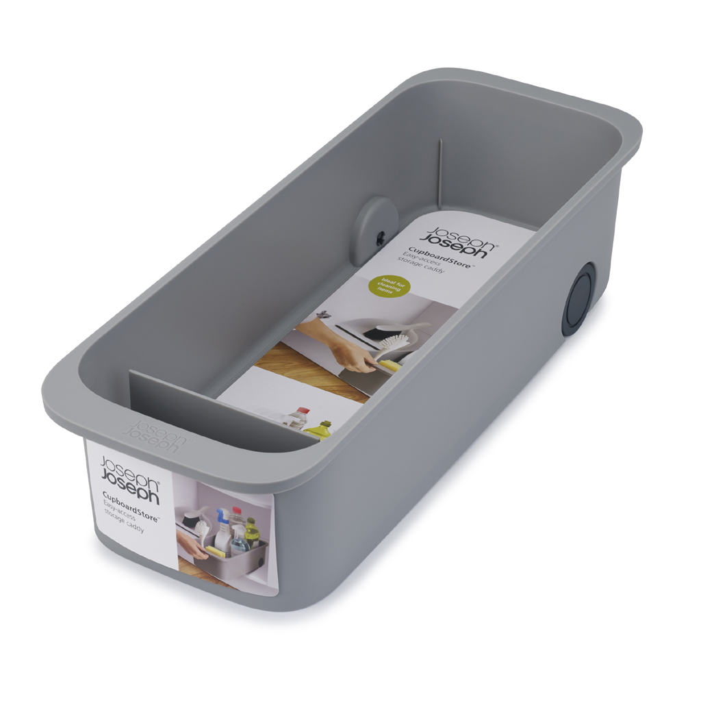 Un organizador de almacenamiento de plástico gris con un folleto en su interior. El organizador tiene una asa y está etiquetado como 'CupboardStore'.