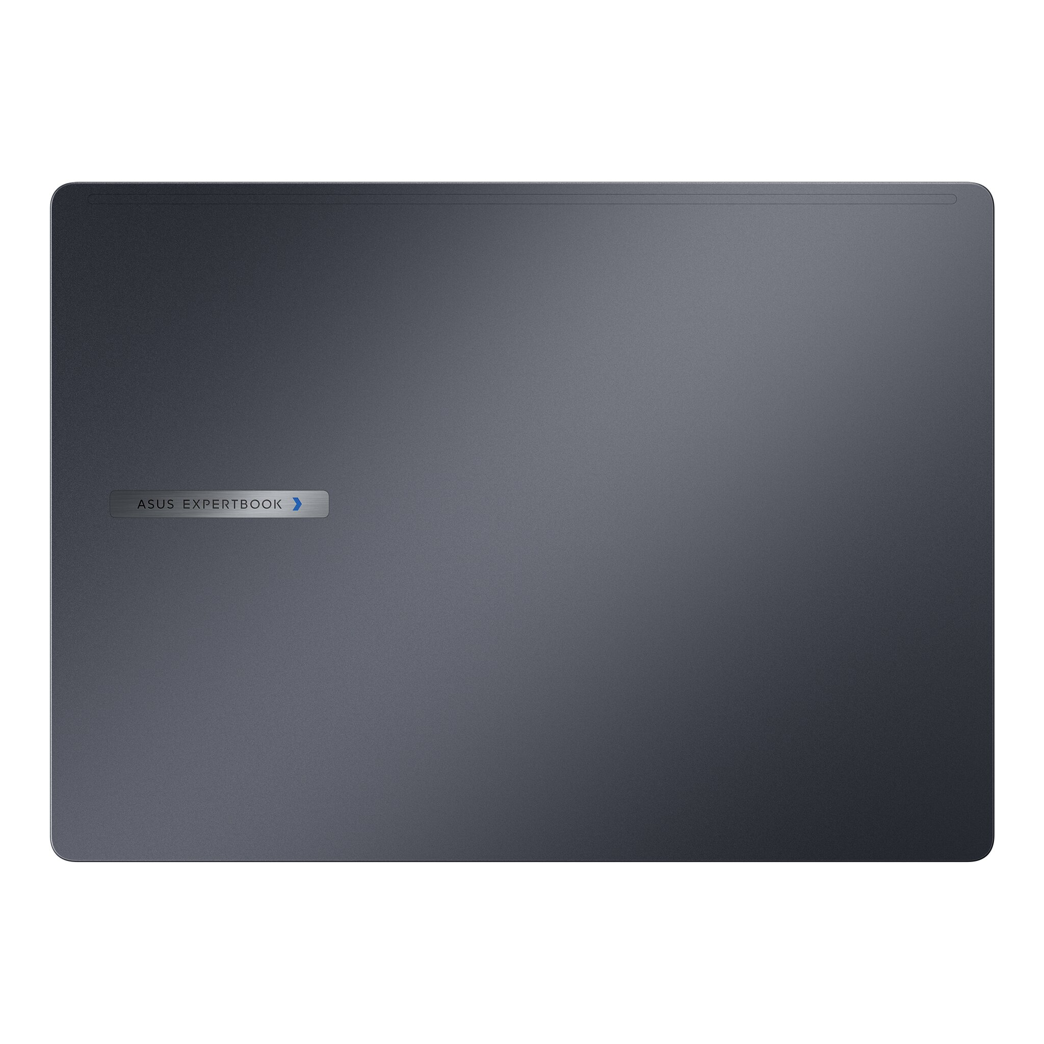Vista dall'alto di un laptop grigio scuro con il logo ASUS Expertbook in basso a sinistra.