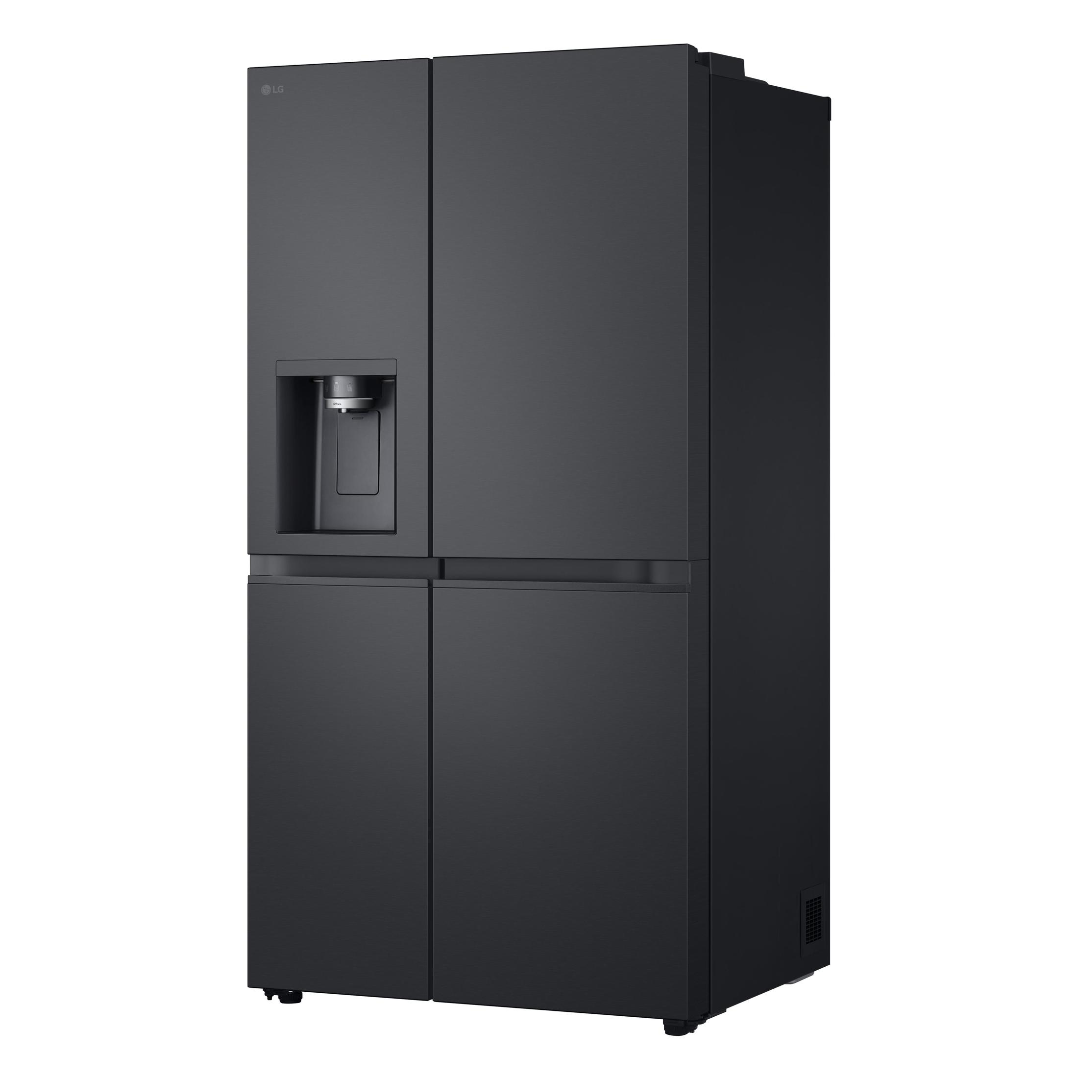 Ein schwarzer LG Side-by-Side-Kühlschrank. Er hat einen Wasser- und Eisspender an der linken Tür. Das LG-Logo ist oben.