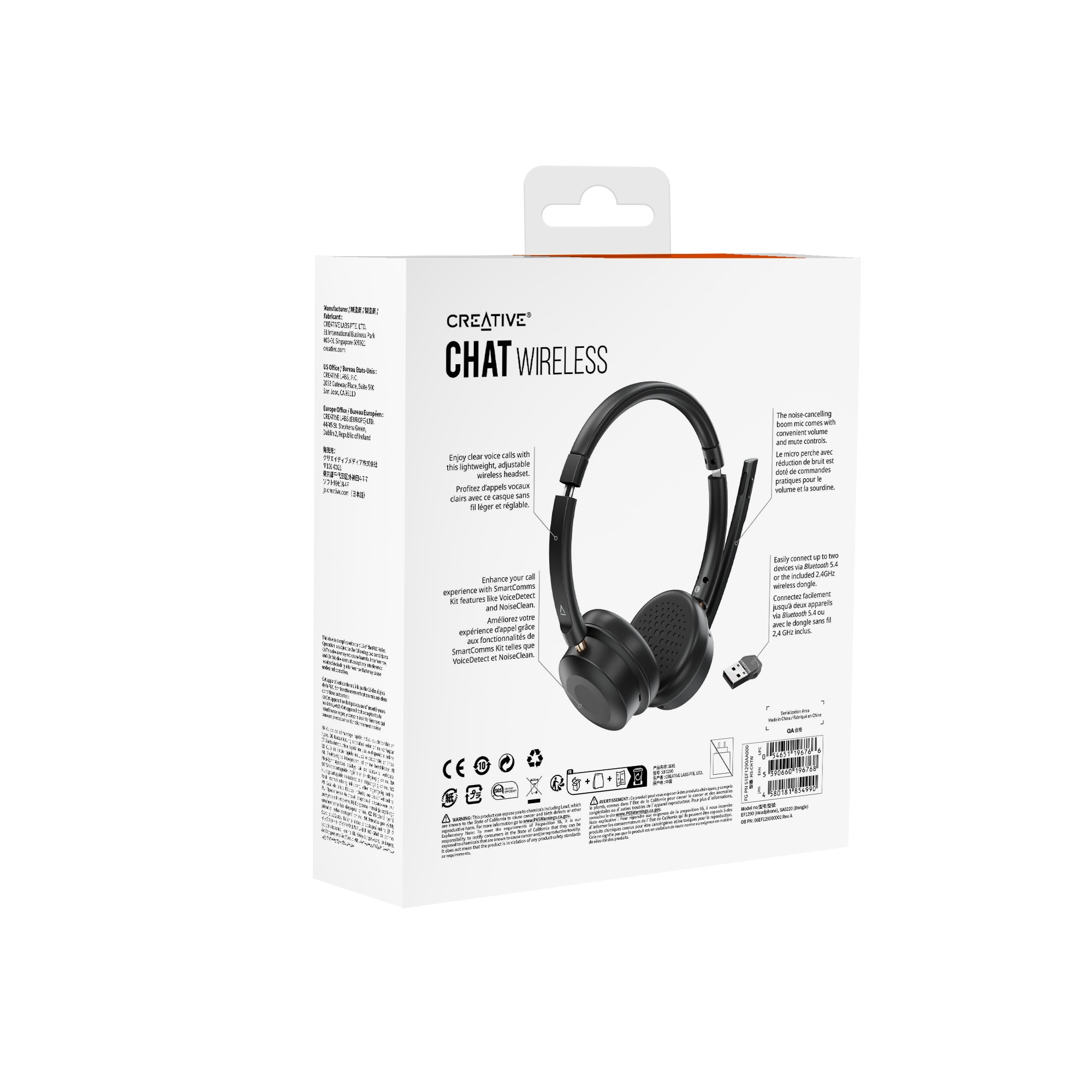 Scatola delle cuffie con cuffie Creative Chat Wireless. La scatola mostra informazioni e caratteristiche.