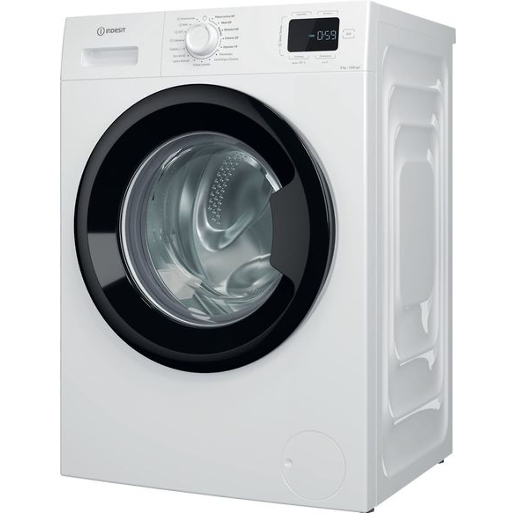 Una lavatrice Indesit bianca con porta nera. Ha un display digitale e manopole di controllo.