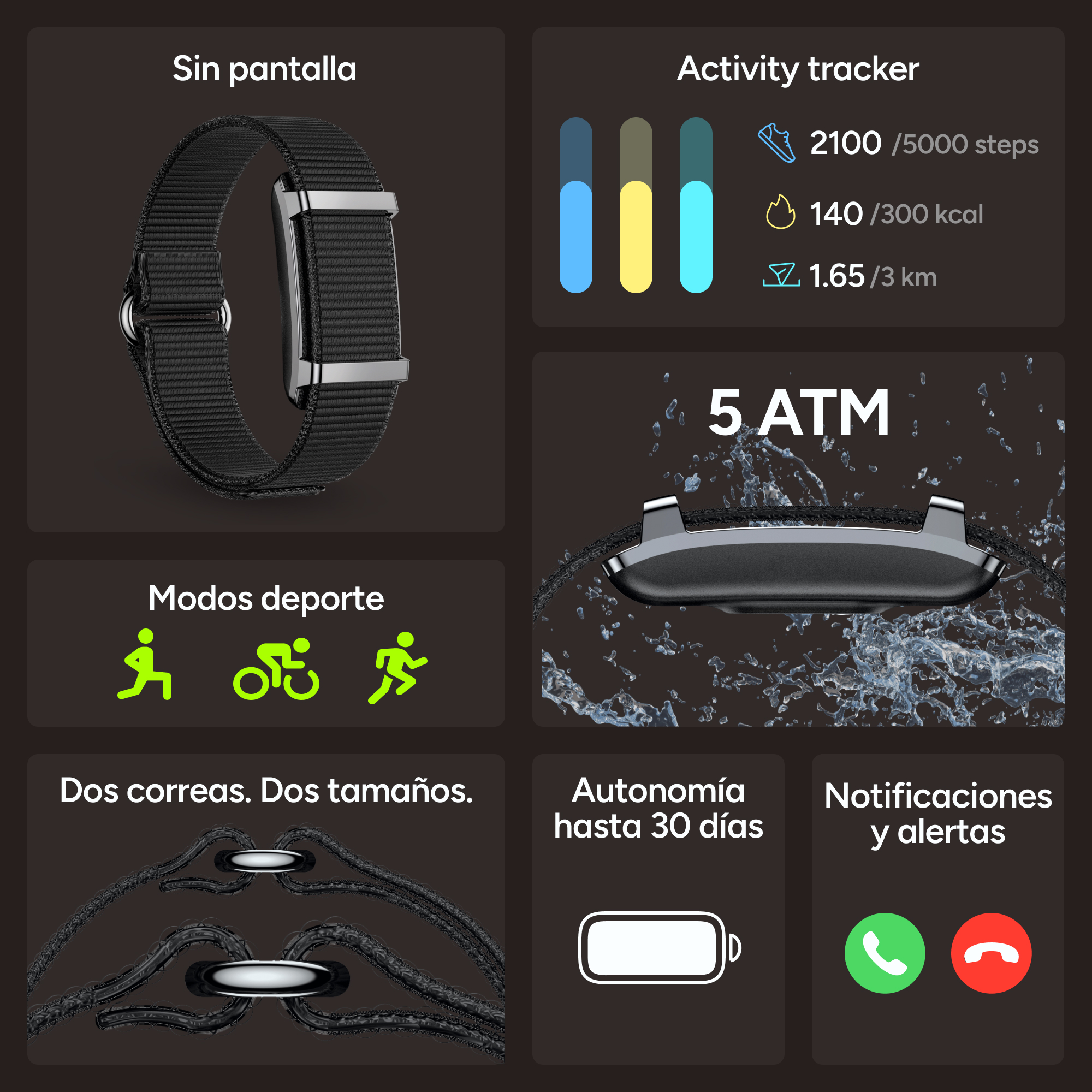 Monitor de actividad negro con estadísticas, modos deportivos y notificaciones. 5 ATM y batería de 30 días.