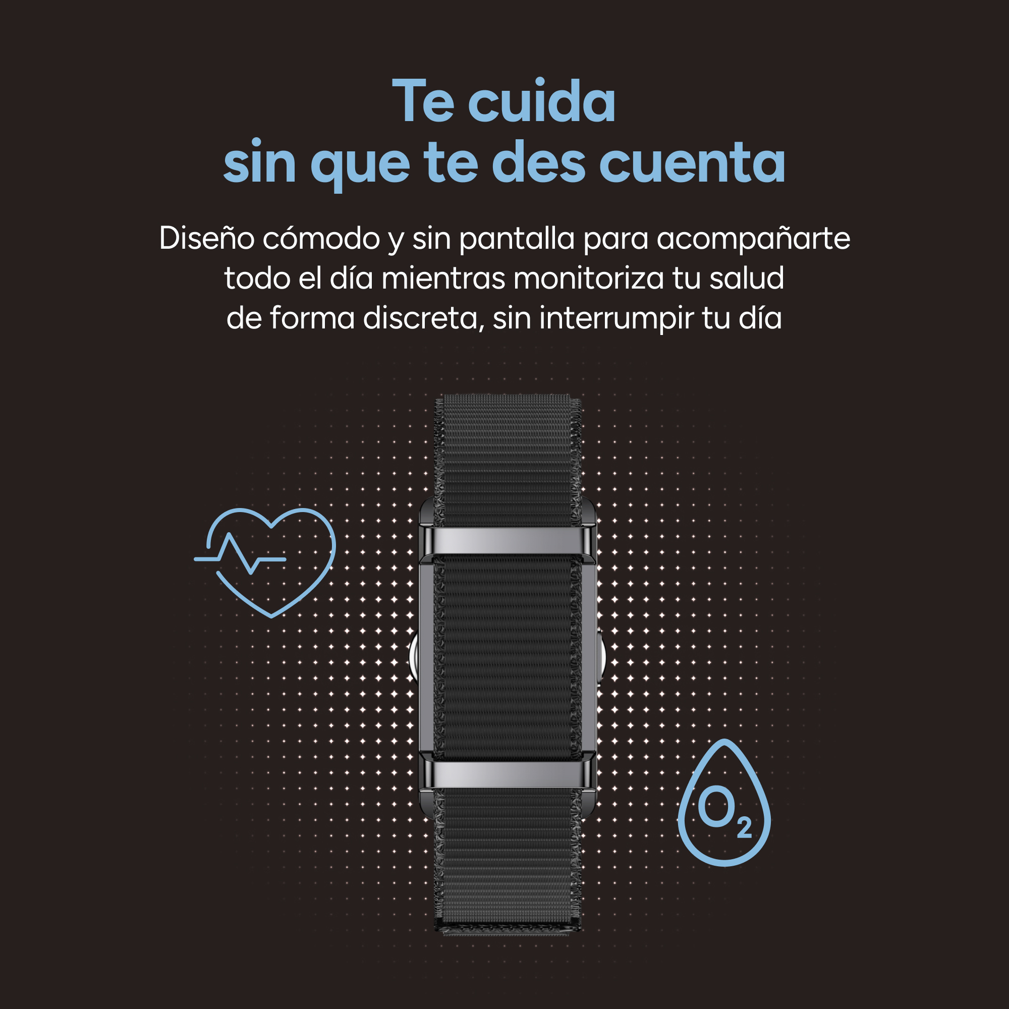 Fondo oscuro con reloj inteligente e iconos de salud, con texto en español.