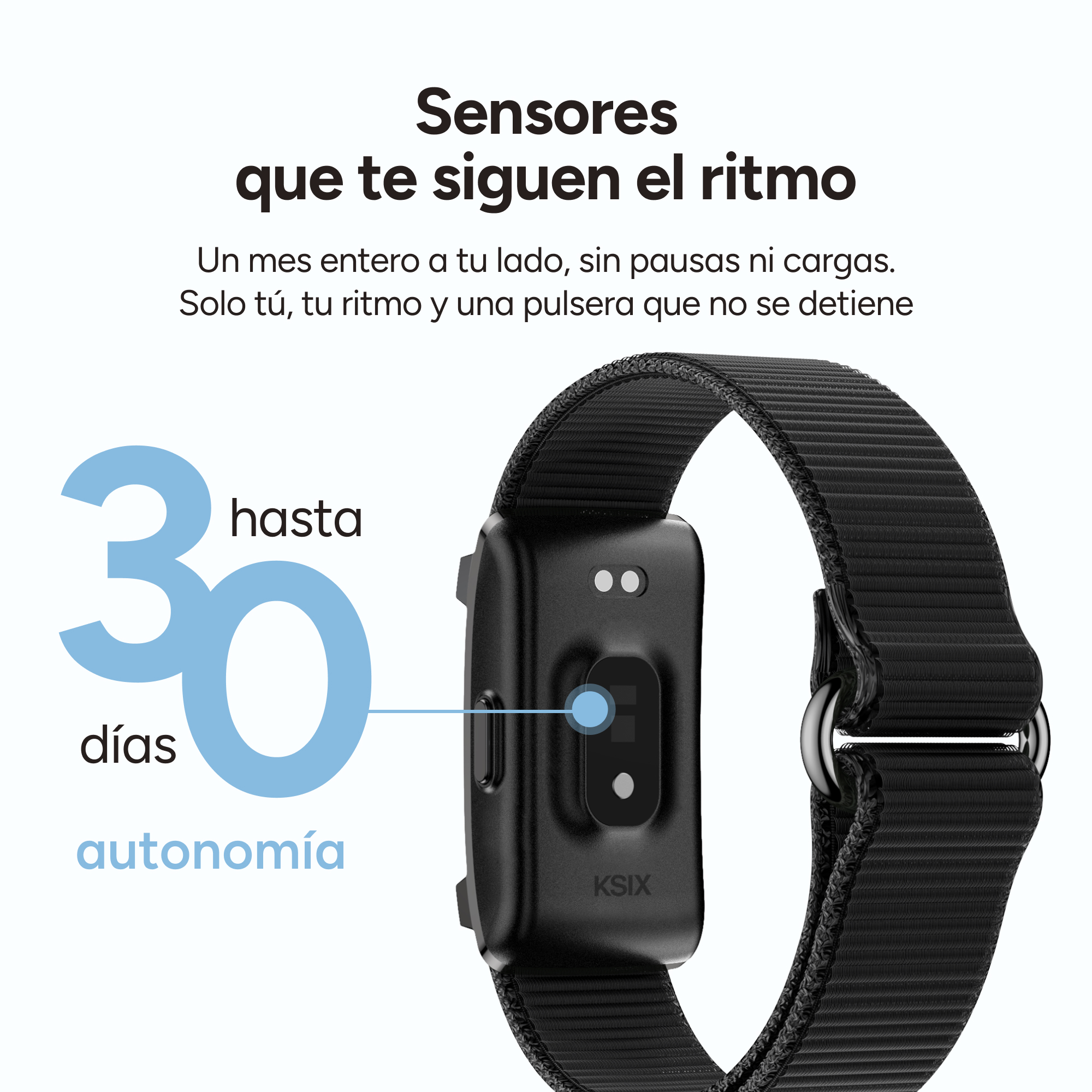 Reloj inteligente negro con correa negra, el texto dice '30 días de autonomía' y 'sensores que siguen tu ritmo'.
