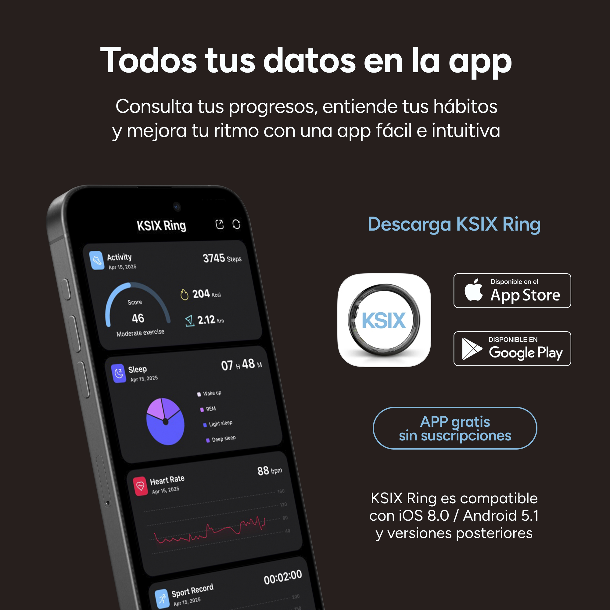 La imagen muestra un teléfono que muestra datos de salud de un anillo KSIX, con opciones de descarga de la tienda de aplicaciones y detalles de la aplicación.
