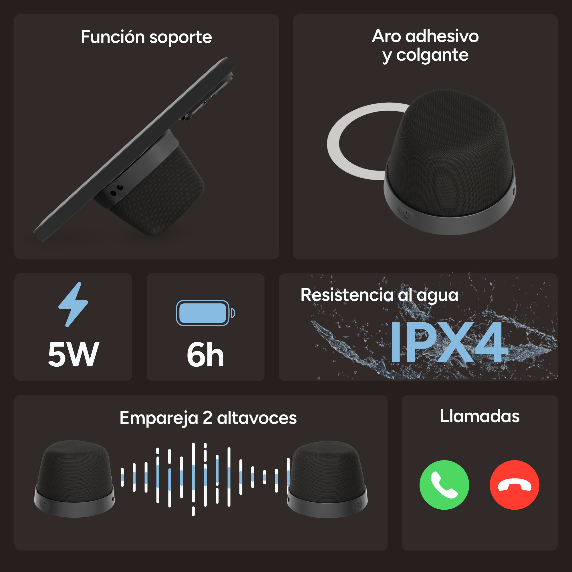 La imagen muestra un altavoz negro con funciones como soporte, anillo adhesivo, 5W, batería de 6h, resistencia al agua IPX4 y funciones de llamada.