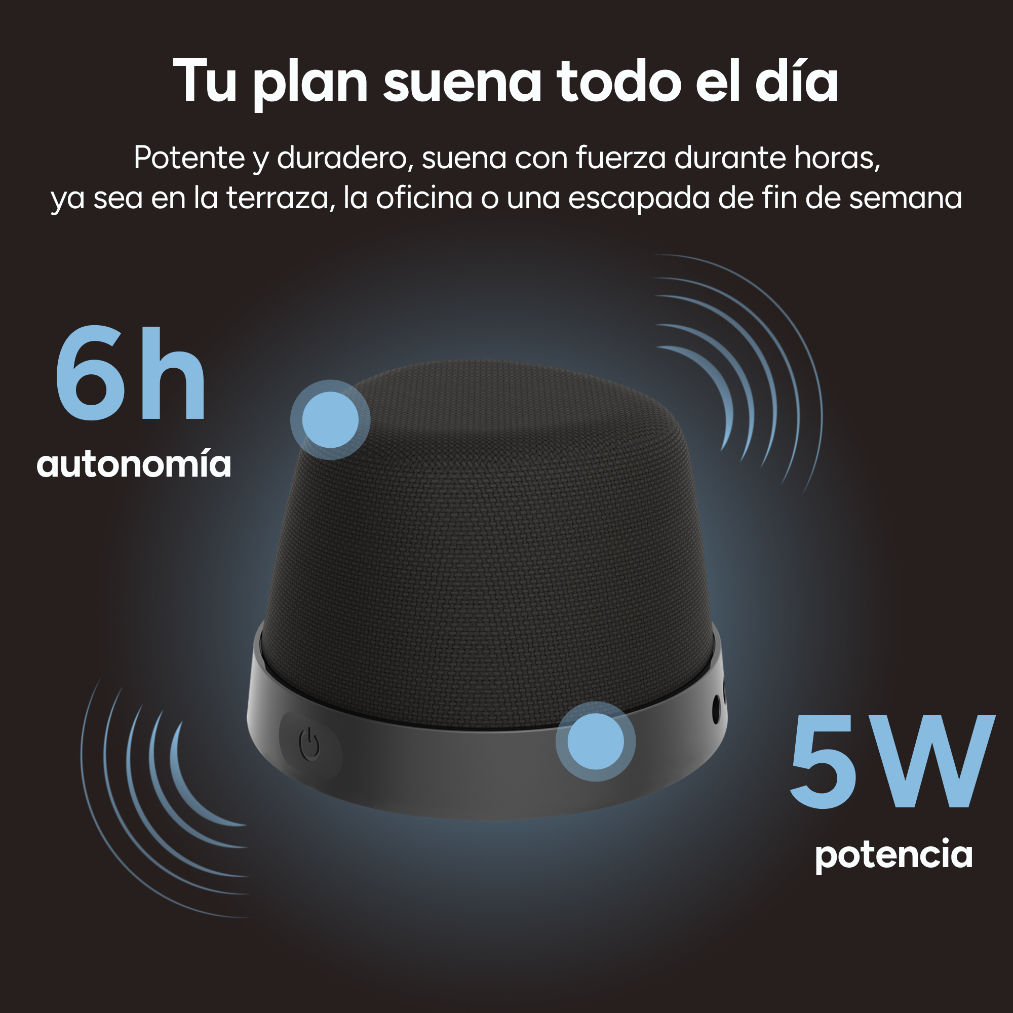 Un altavoz negro con detalles azules y texto que indica 6h de autonomía y 5W de potencia.